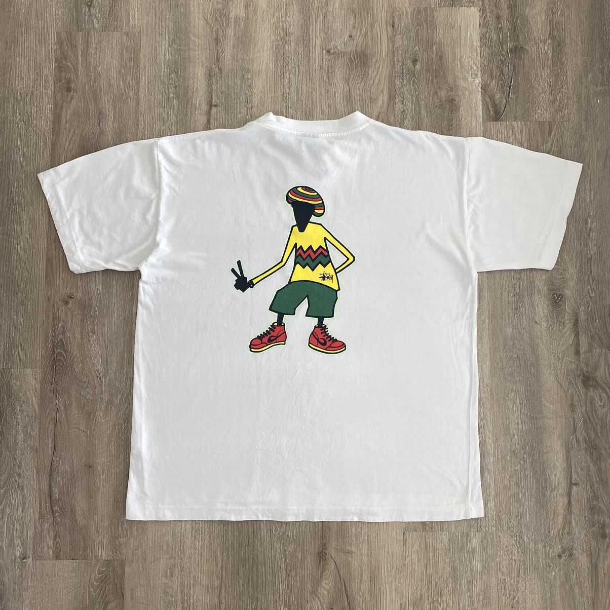 image of 90’S Stussy Rasta Man/rootz Rockin Rydimz Boxy Tee in White, Men's (Size Medium)