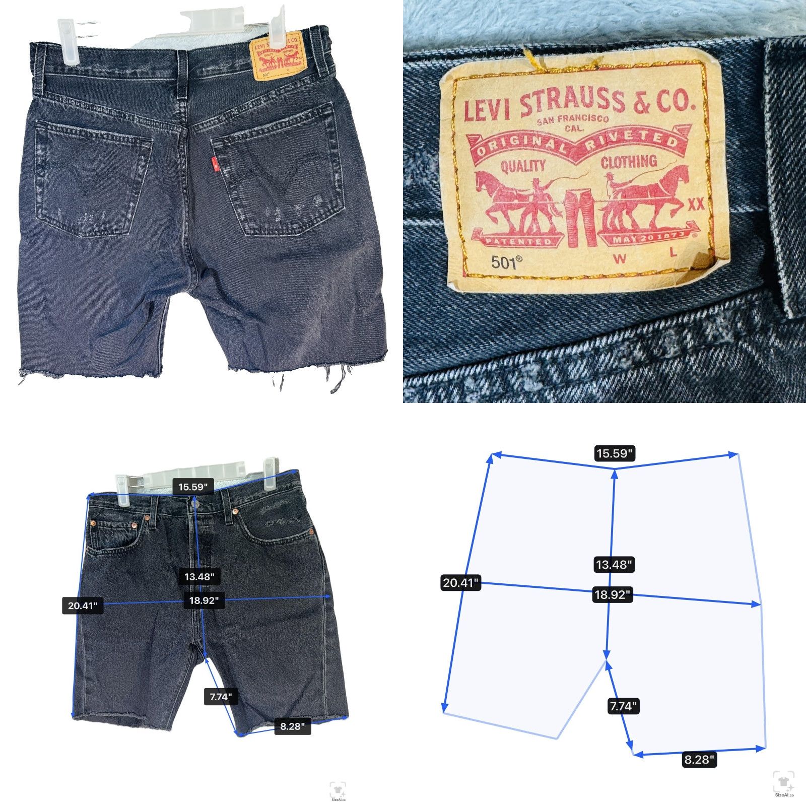 Levi's Levi's 501 Bermuda Denim Shorts Mens W30 Button Fly Black Frayed Hem Casual Split Front 5-Pocket Regular Rise Summer 501 Fit Men Size US 30 / EU 46 - 8 Thumbnail