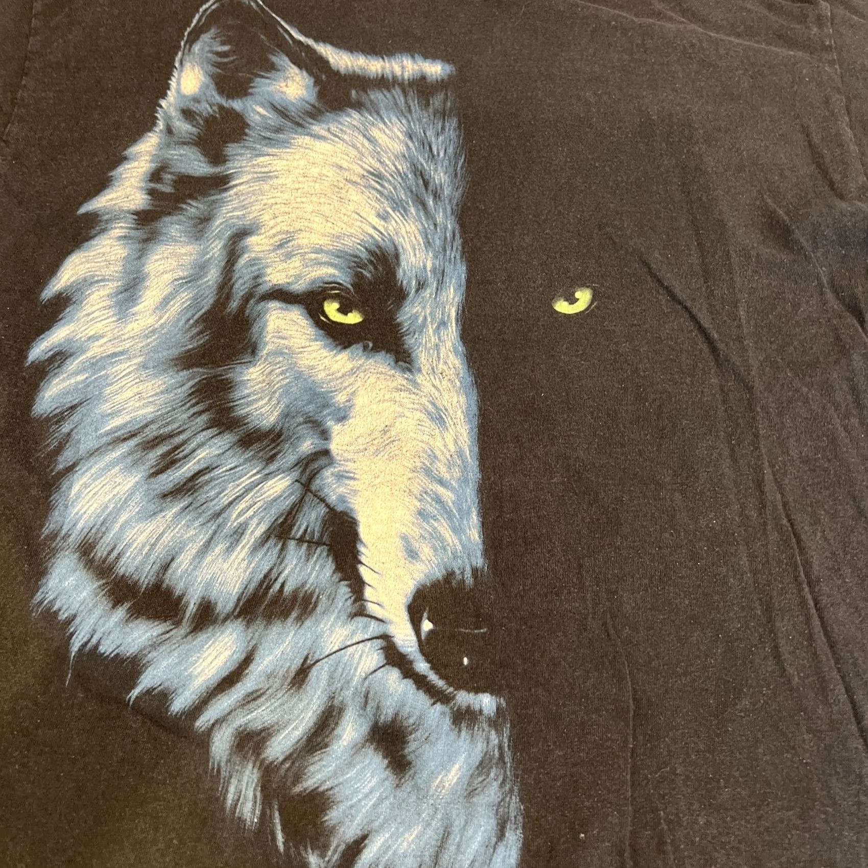 Fruit Of The Loom VINTAGE Wolf T-Shirt Men Medium Half Face Green Eyes Fruit of the Loom Heavy Shirt Mens Black 100% Cotton Graphic Print Animals Crew Neck Short Sleeve Size US M / EU 48-50 / 2 - 2 Thumbnail
