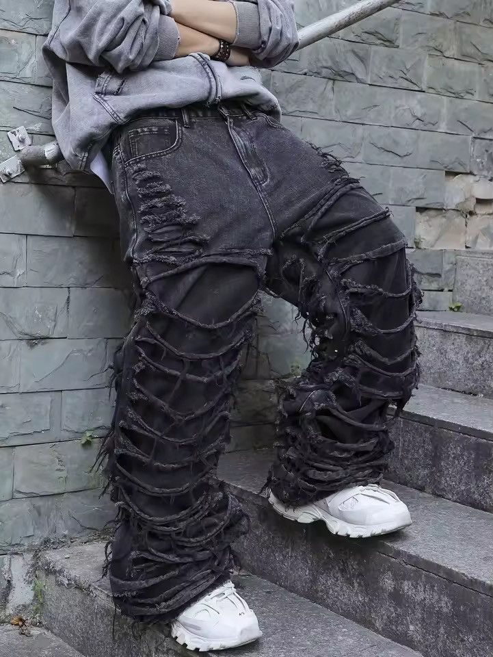 Jean Distressed Hole Hip Hop Washed Trendy Loose Jeans Size US 35 - 3 Thumbnail