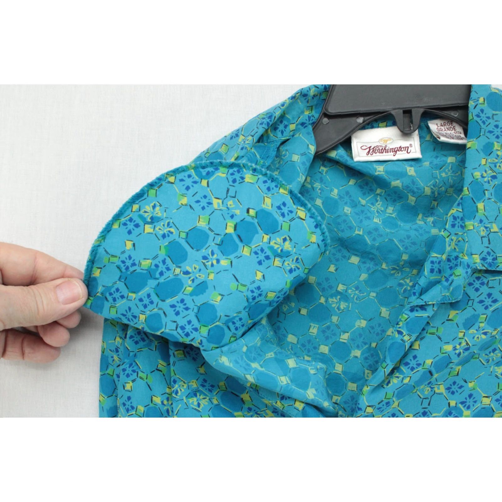 Worthington Worthington Blouse Womens Large Blue Green Silk Short Sleeve Y2K Shoulder Pads Shirt Womens L Blue Silk Short Sleeve Button-Up 90s Bohemian Preppy Size L / US 10 / IT 46 - 6 Thumbnail