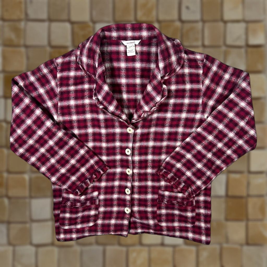Vintage Sundance Shirt Womens M Frilled Trim Long Sleeve Flannel Cotton Tartan Check Red/Black/White 100% Cotton Portugal Size M / US 6-8 / IT 42-44 - 1 Thumbnail
