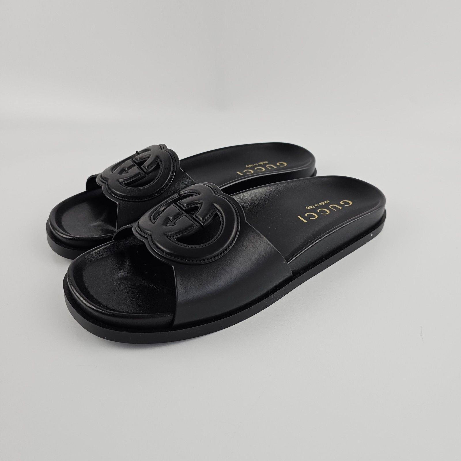 GUCCI Interlocking G Black Leather Sandals New
