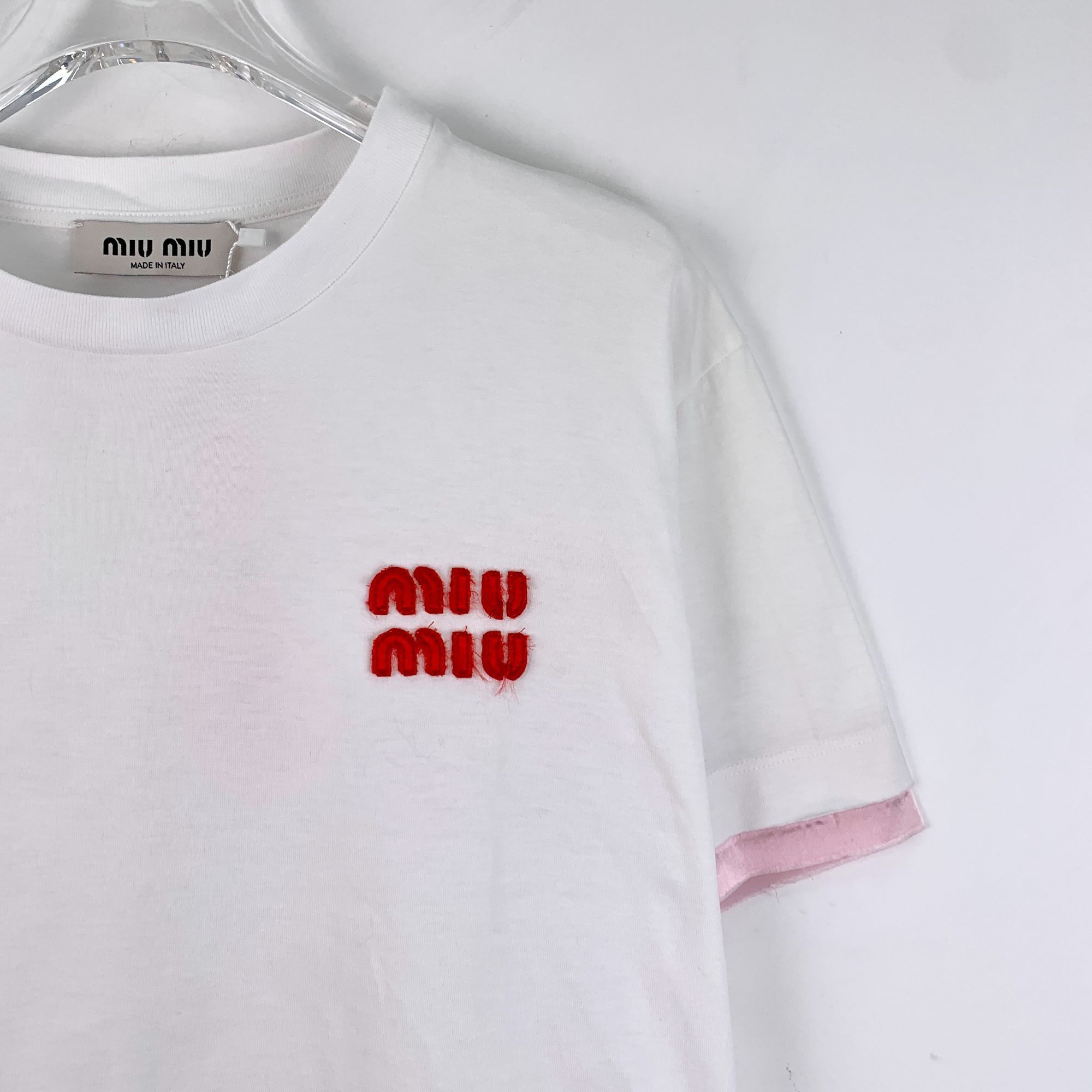 Miu Miu Miu Miu White Logo Embroidered Short-Sleeve T-Shirt W/ Pink Size XS / US 0-2 / IT 36-38 - 7 Thumbnail