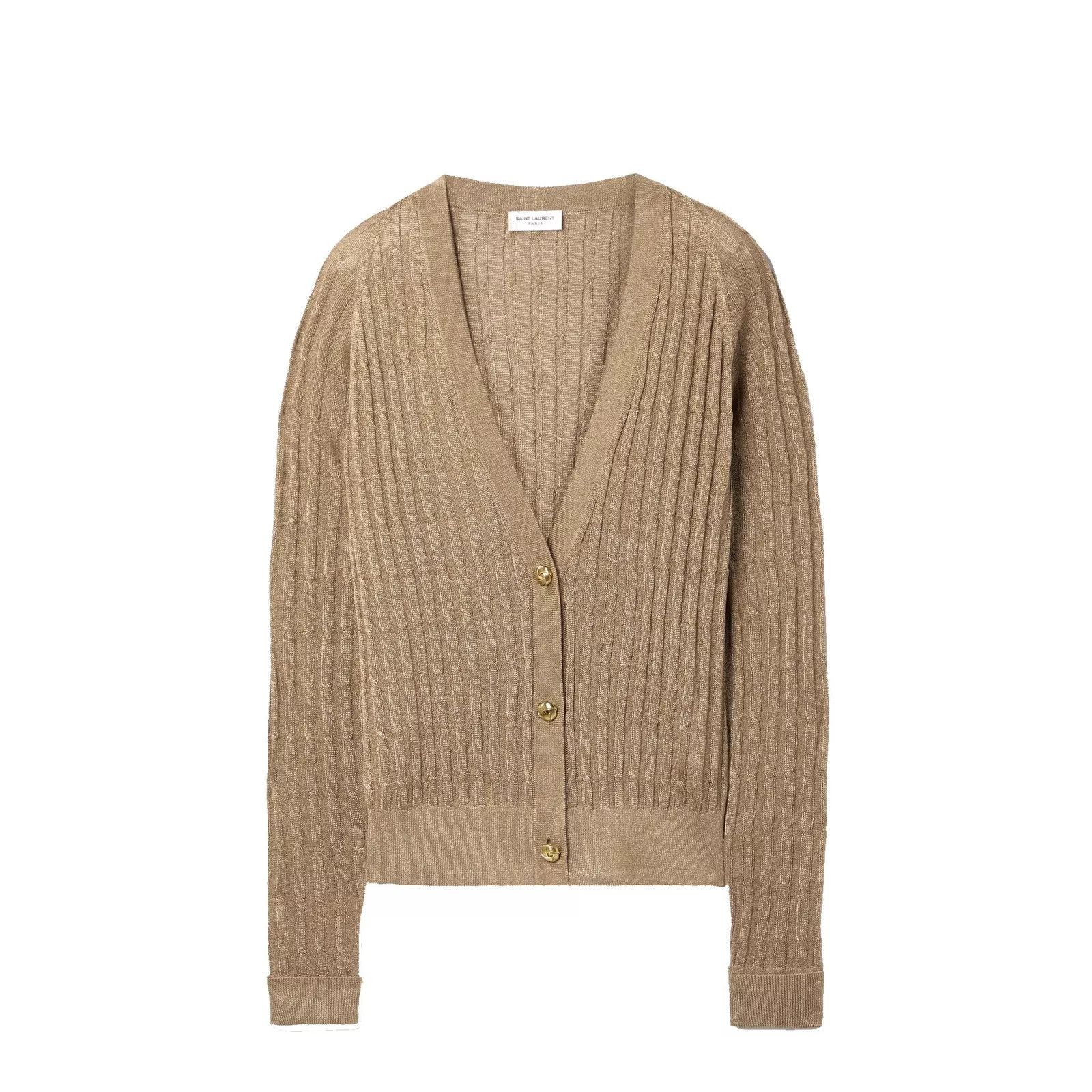 Saint Laurent Paris o1s1wg111224 Metallic Cable-Knit Cardigan in Beige Size L / US 10 / IT 46 - 1 Thumbnail
