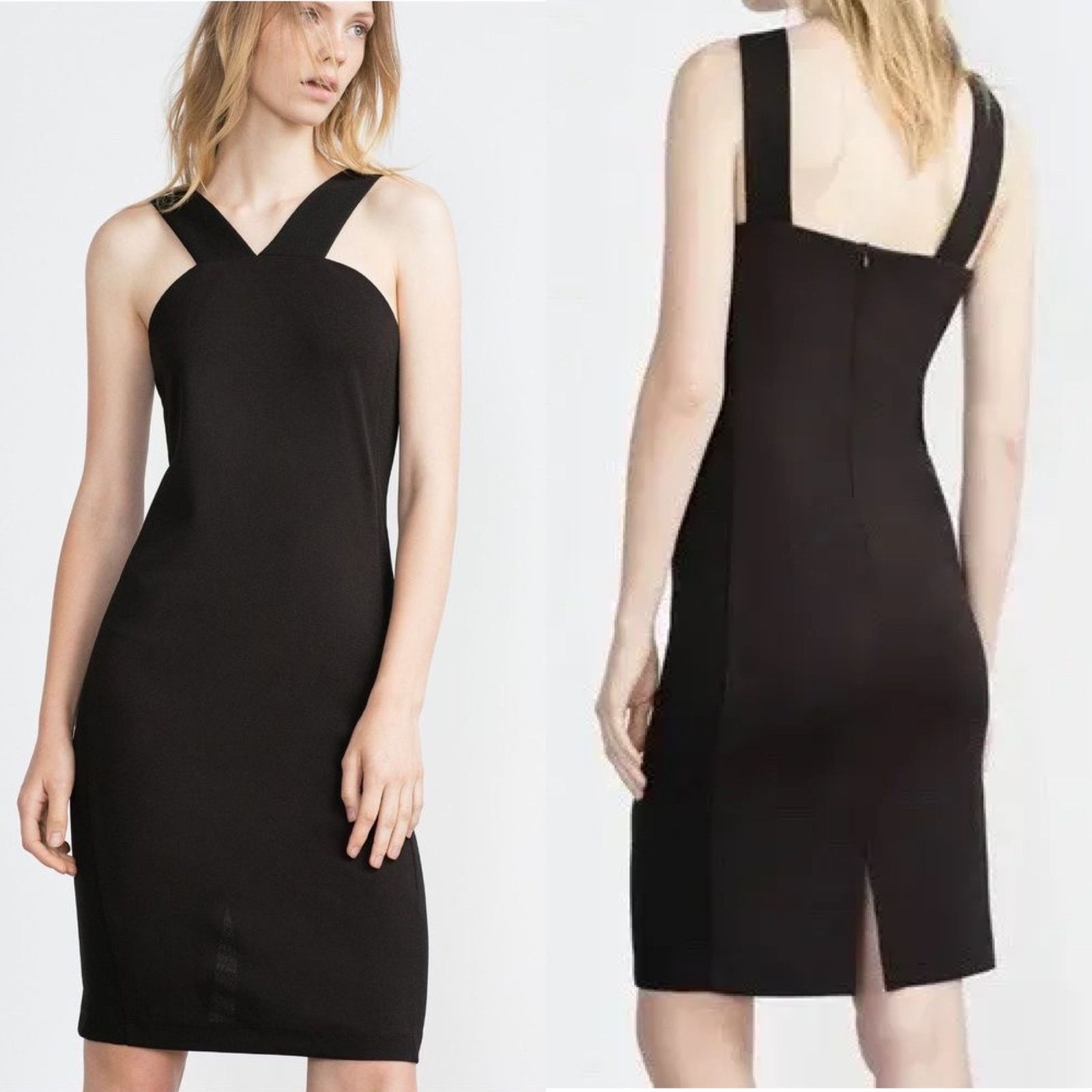 Zara Zara Crepe Sheath Dress Cross Over Neck Wide Straps Black L Size L / US 10 / IT 46 - 1 Thumbnail