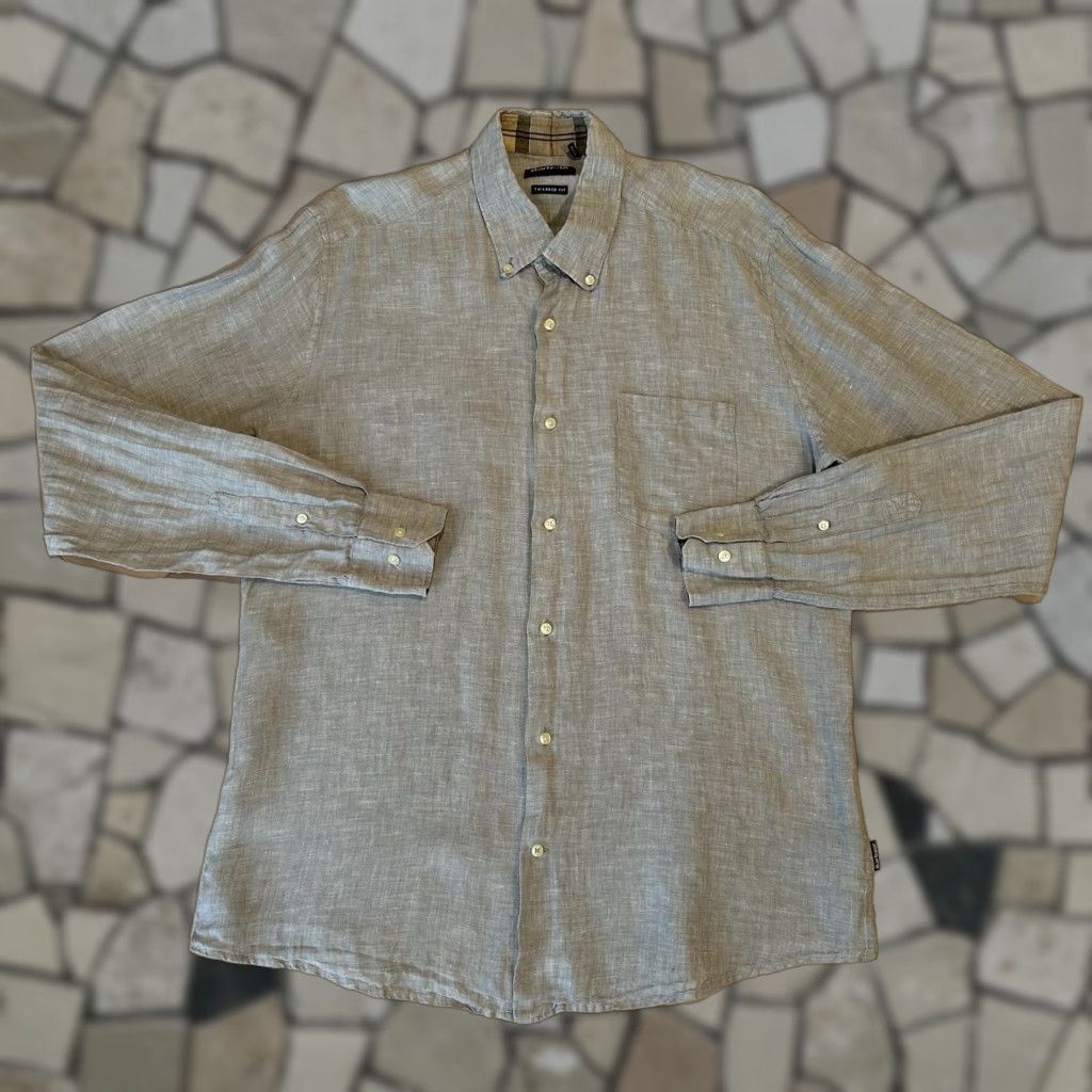 VINTAGE Barbour Dress Tartan Tailored Fit Button Up Linen Shirt Men’s Medium