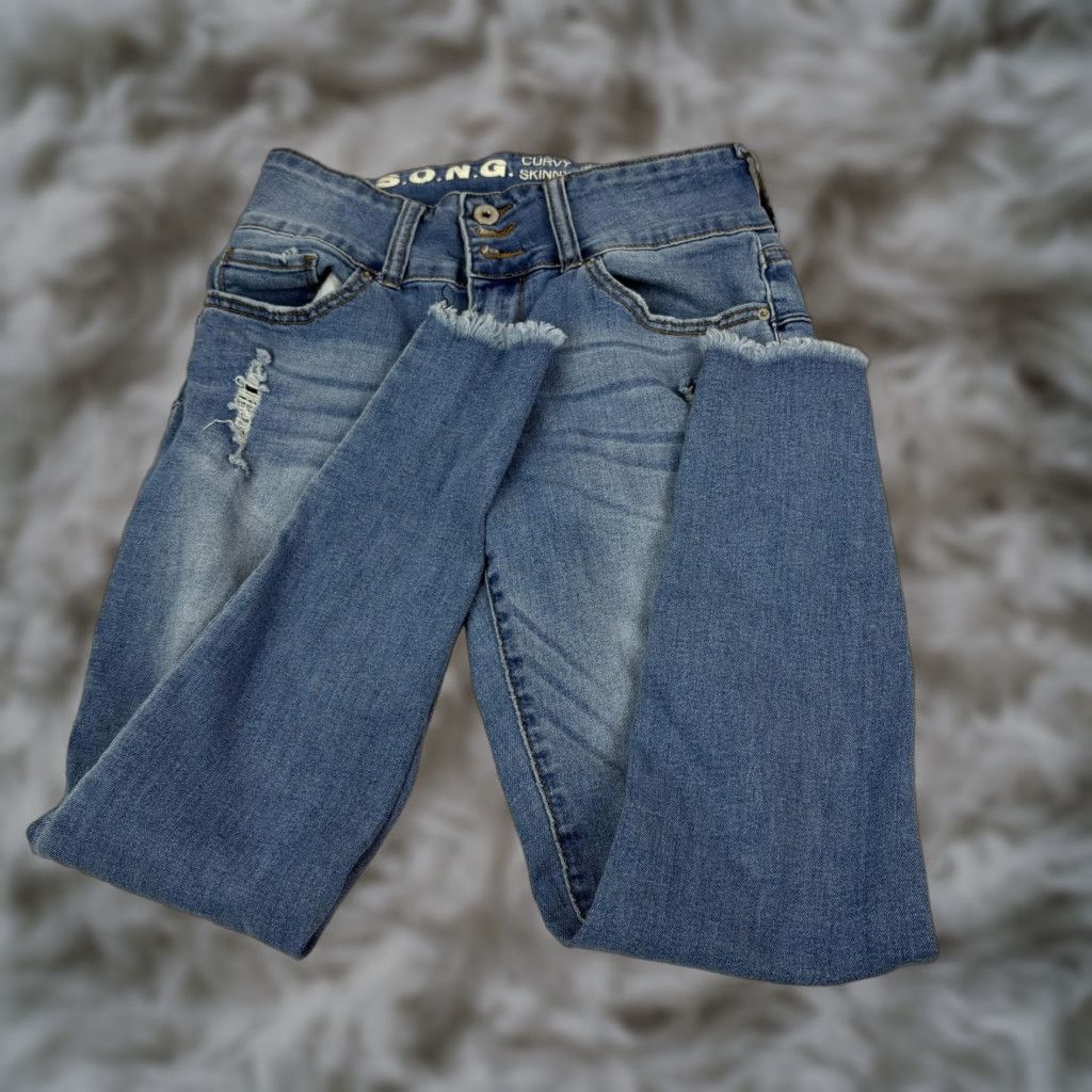 Vintage S.O.N.G. Jeans Juniors 7/28 Blue Curvy Skinny Ankle Distressed Raw Hem 26x25 Size 28" / US 6 / IT 42 - 1 Thumbnail