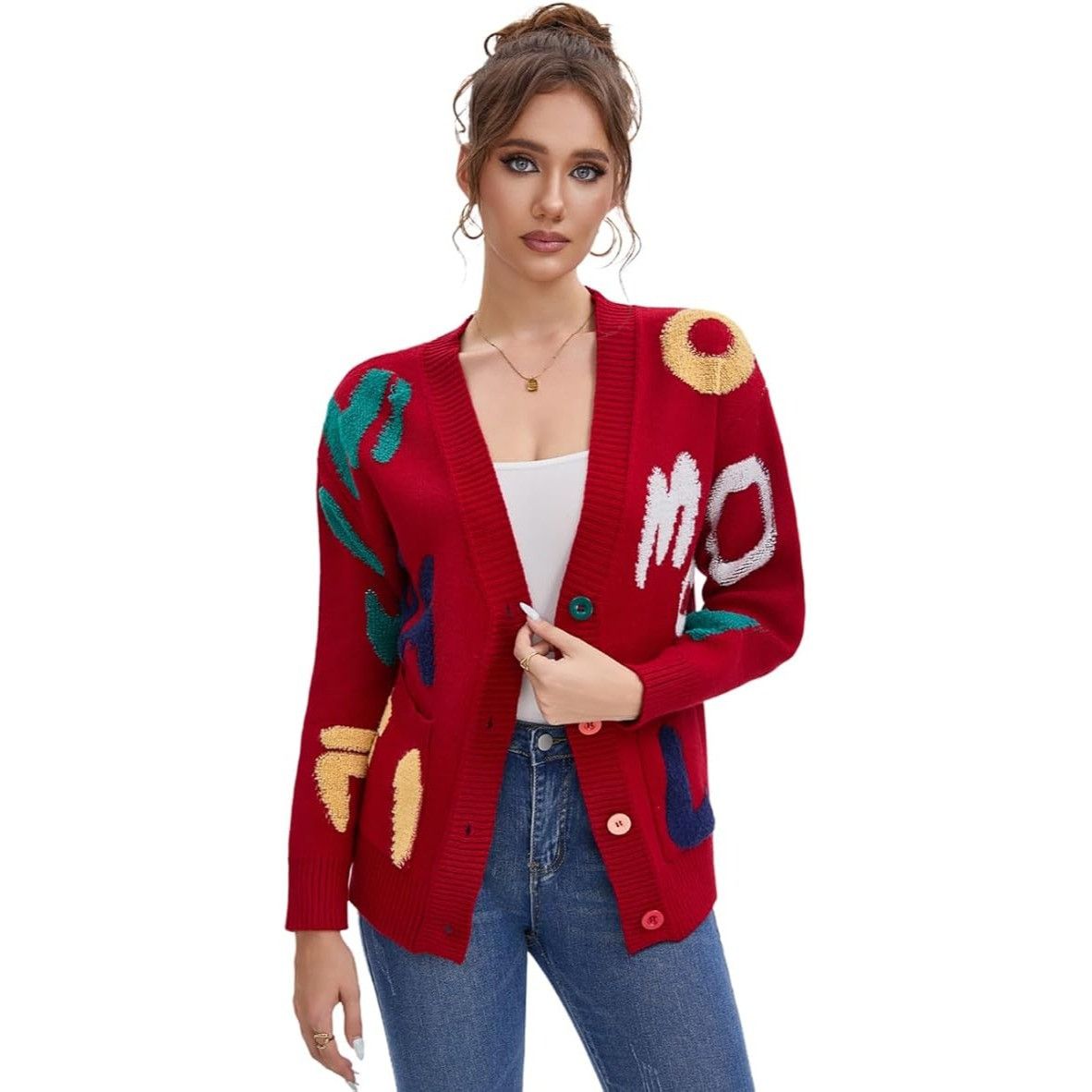 Other Women's Sheep Embroidered Sweater V-Neck Cardigan Red Size M Size M / US 6-8 / IT 42-44 - 3 Thumbnail