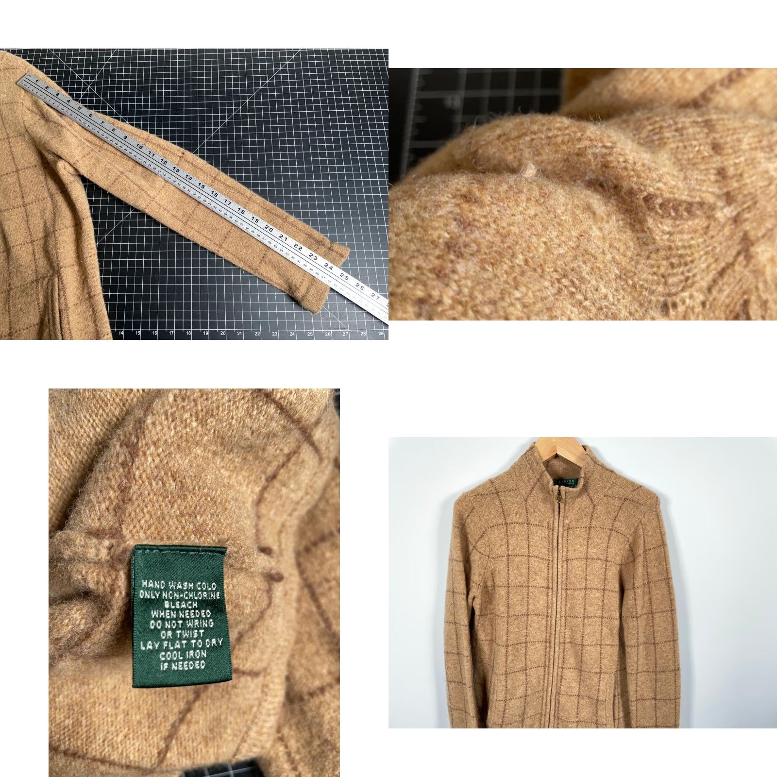 Ralph Lauren Lauren Ralph Lauren Wool Zip Sweater Cardigan Women's 1X Brown Check Pattern Mock Neck Full Zip Pockets 90s Preppy Wool Hand Wash Only Size XL / US 12-14 / IT 48-50 - 8 Thumbnail