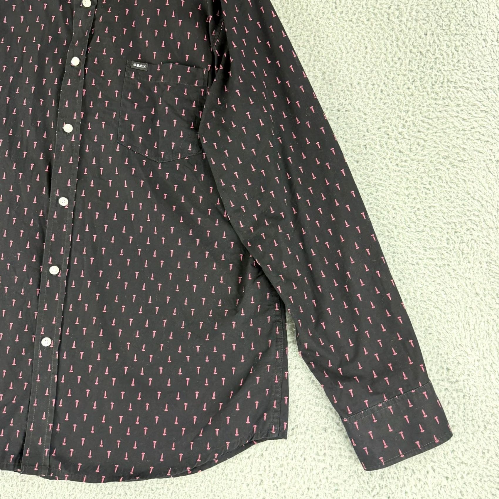 Obey OBEY Button Down Shirt Mens XL Black Pink Screw Print Long Sleeve Streetwear Size US XL / EU 56 / 4 - 4 Thumbnail