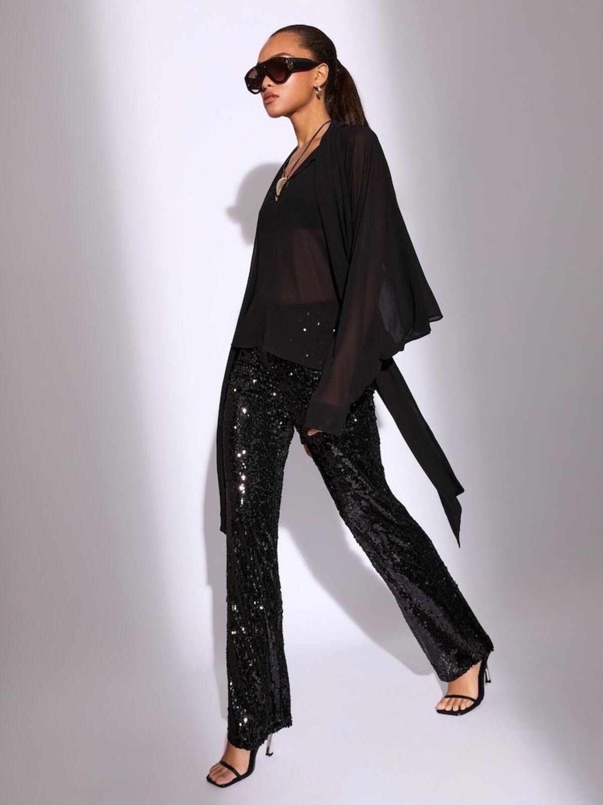 The Unbranded Brand Black Sequin Flare Pants Stretch High Rise Glam Womens Sz L Size 36" / US 14 / IT 50 - 7 Thumbnail