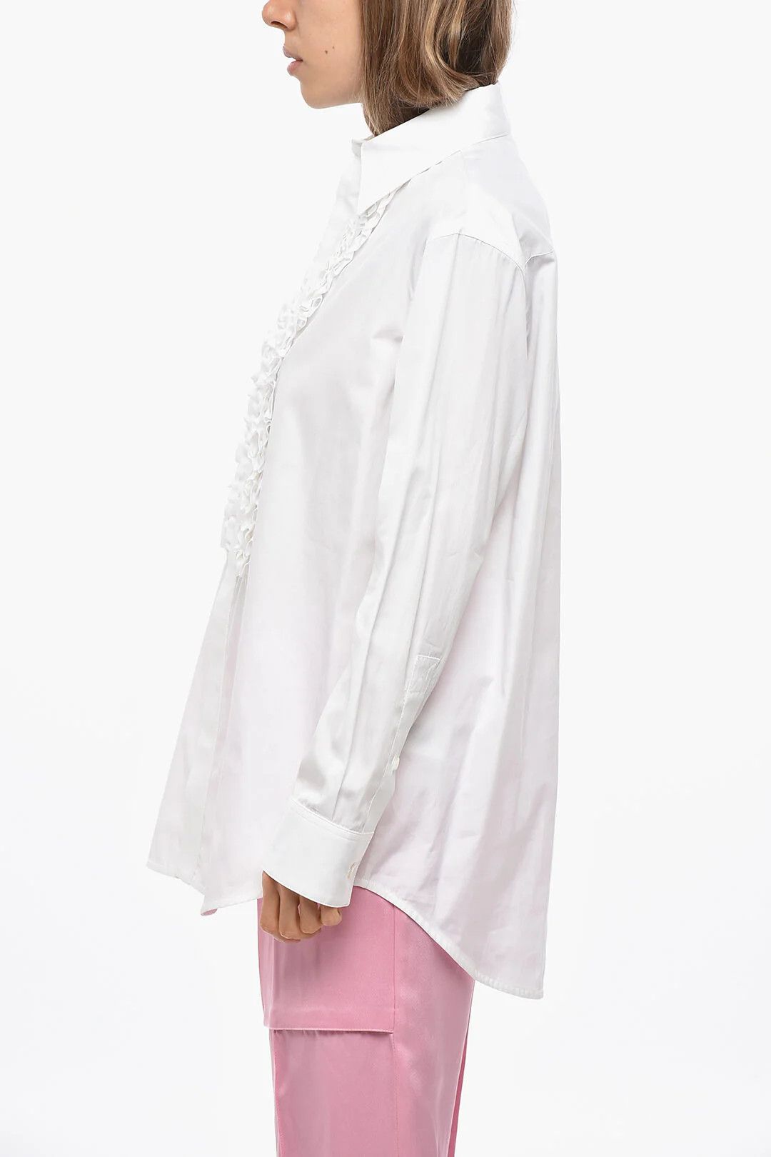 Bottega Veneta og1mm0426 Ruffle Front Cotton Poplin Blouse in White Size XS / US 0-2 / IT 36-38 - 2 Thumbnail