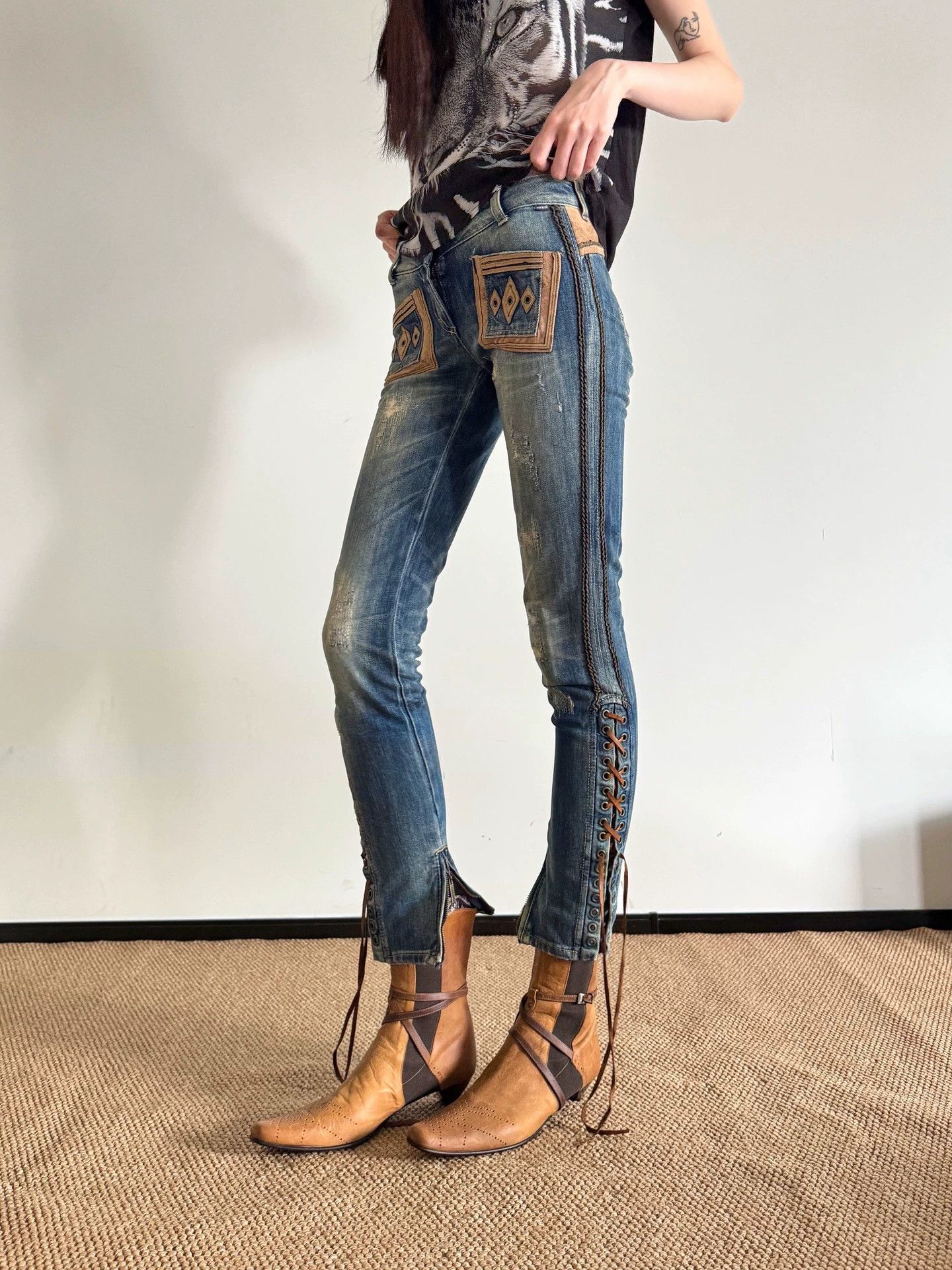 Just Cavalli Just Cavalli Panelled Leather Strap Jeans Size 25 Size 25" / US 0 / IT 36 - 4 Thumbnail