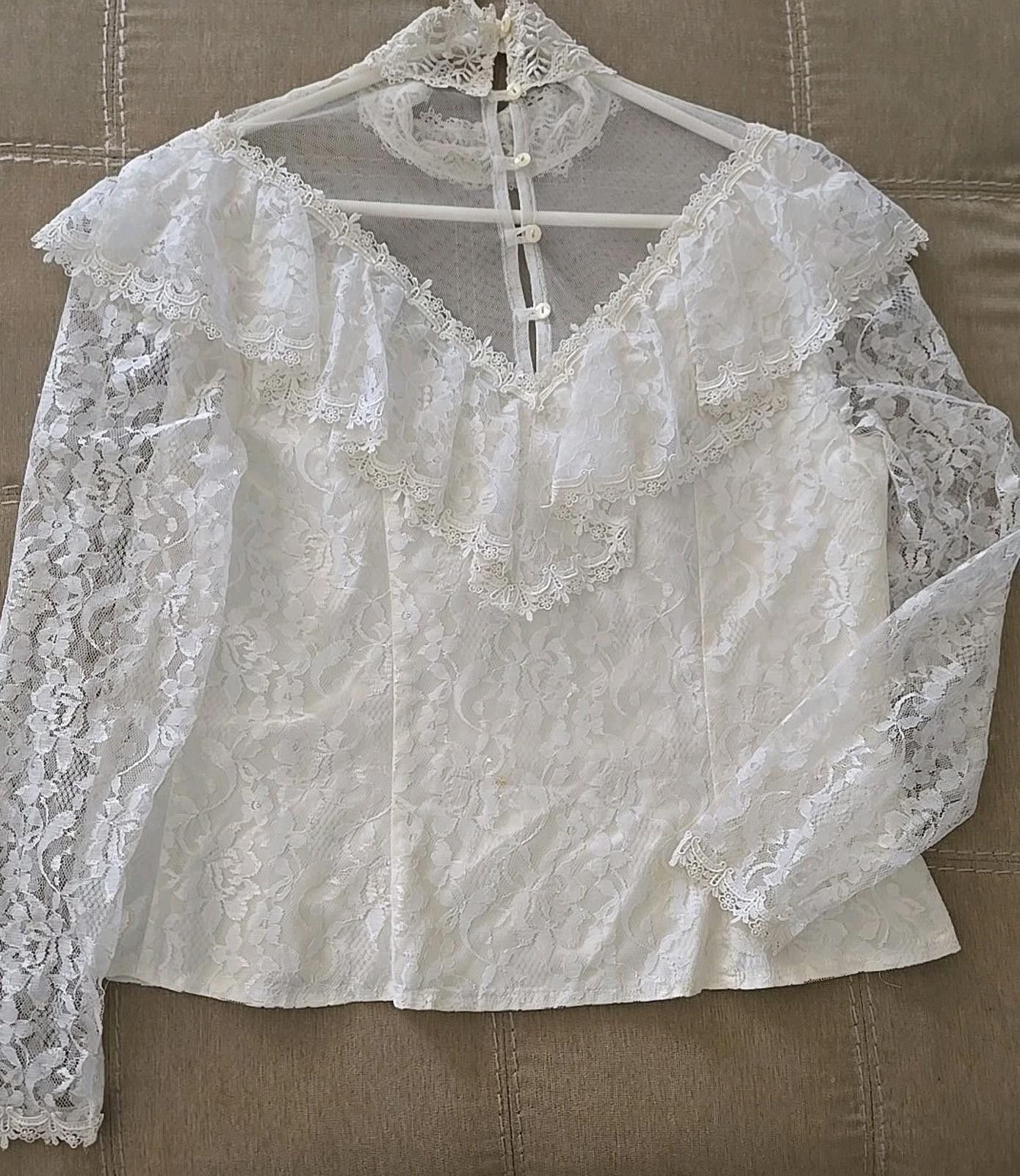 Jessica McClintock Vtg 70s White Lace LS Blouse Ruffle Shirt Jessica Mclintock Size M / US 6-8 / IT 42-44 - 2 Thumbnail