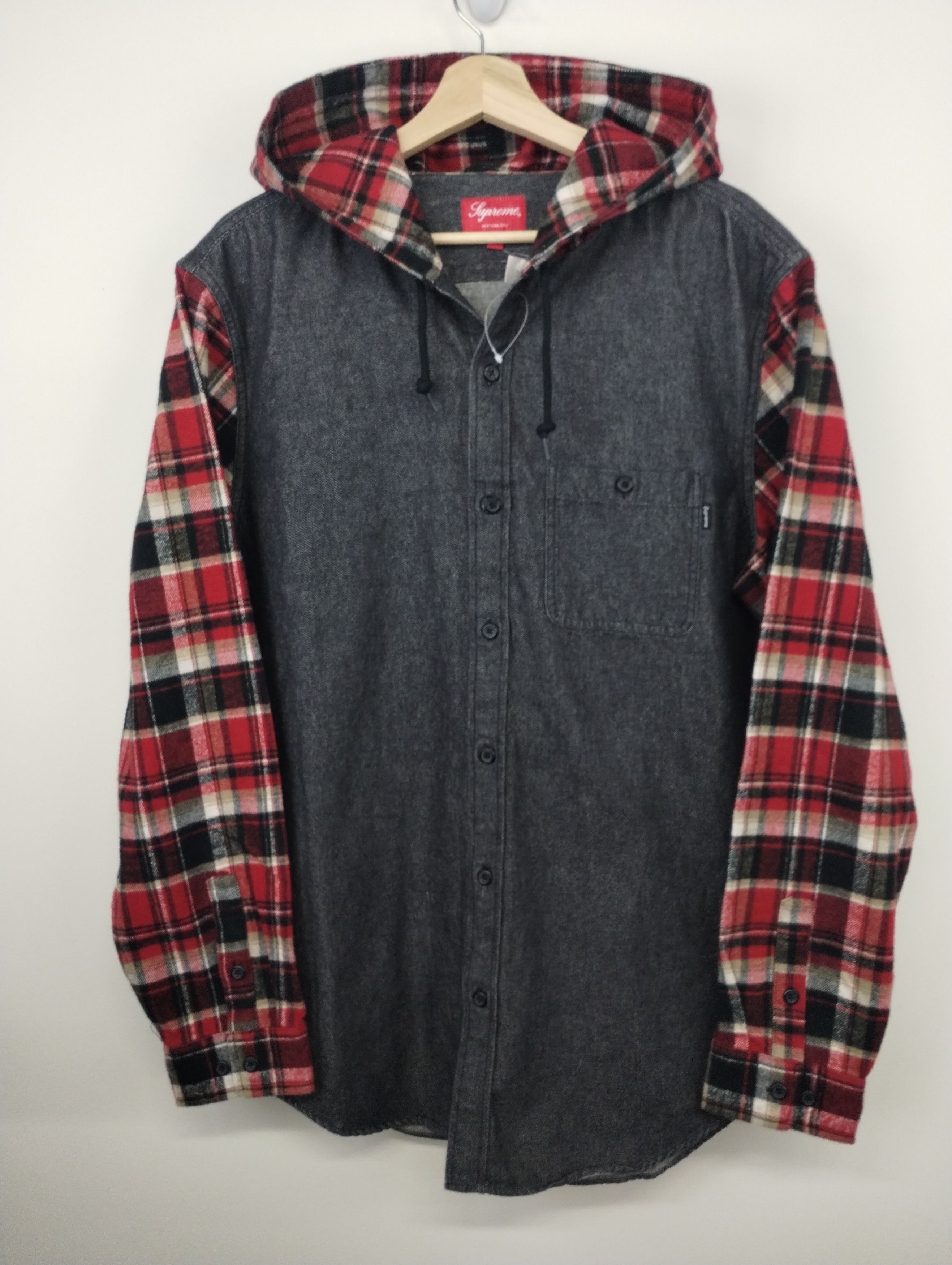 image of Supreme Denim And Flannel Hoodie in Grey, Men's (Size XL)