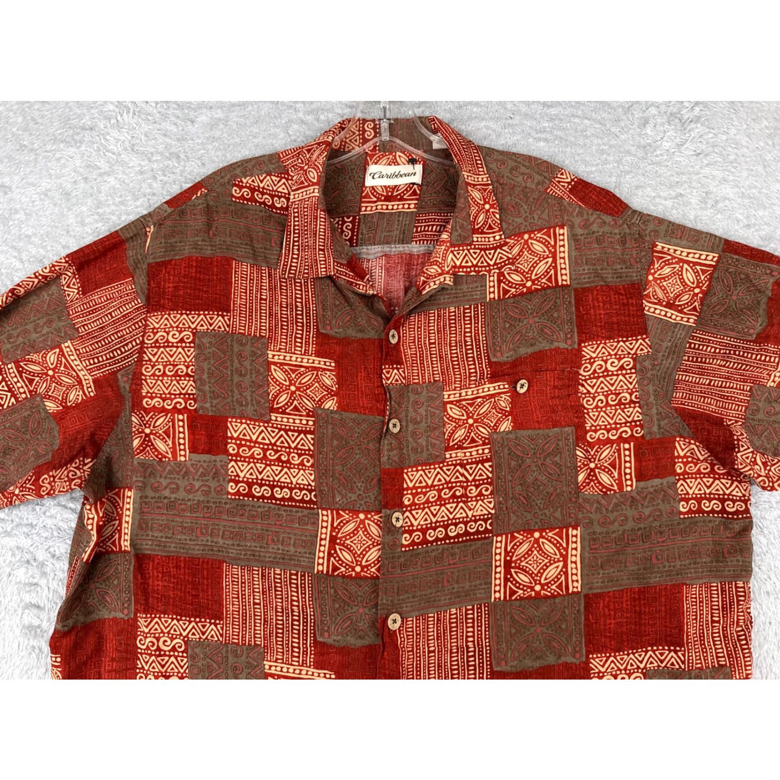 Vintage Caribbean Shirt Men XL Red Tile Geometric 100% Rayon Hawaiian Button Up Size US XL / EU 56 / 4 - 4 Thumbnail