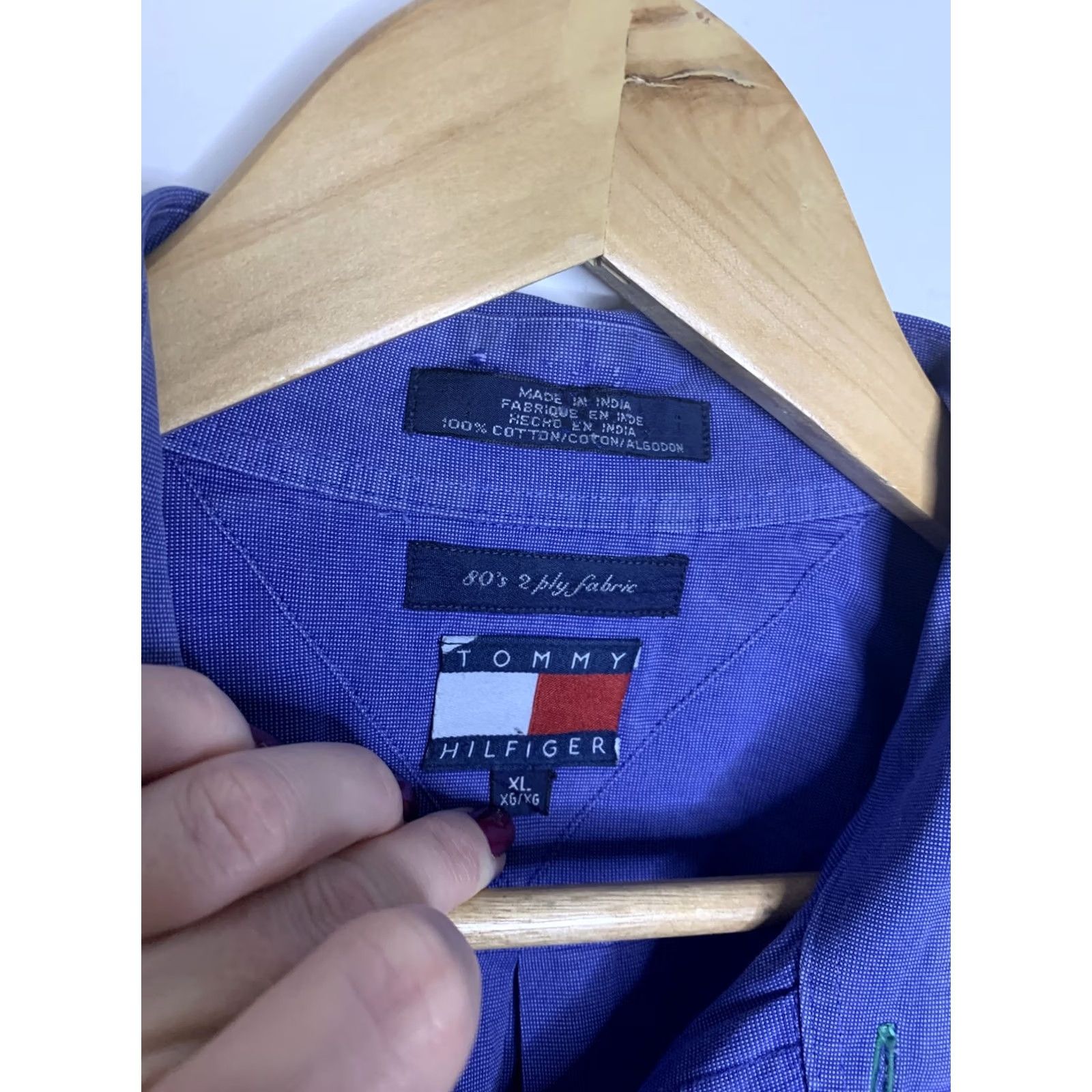 Tommy Hilfiger Tommy Hilfiger Button-Up Shirt Men XL 80s Blue 2 Ply Cotton Solid Collar Long Sleeve Dress Shirt Mens Size 46R - 6 Thumbnail
