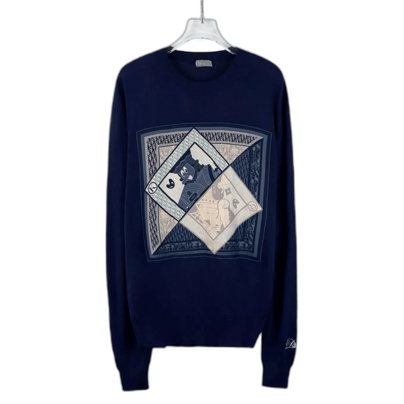 Blue Logo Printed Wool Long Sleeve Knit Sweater