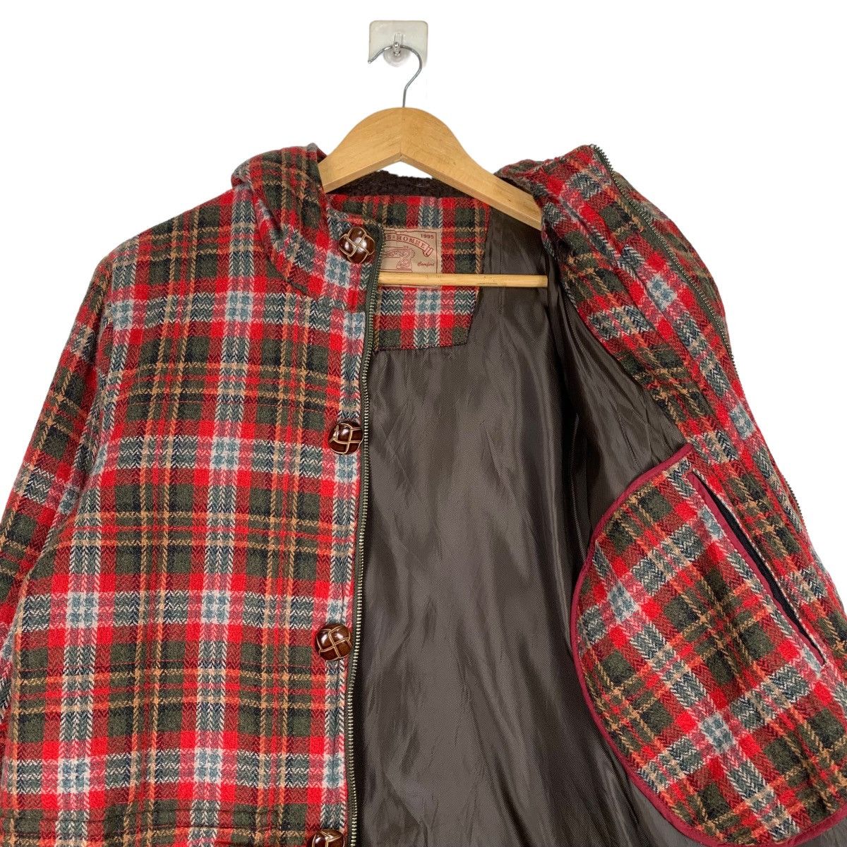 Japanese Brand 291295 HOMME Red Tartan Wool Hooded Coat Jacket #1052-C47 Size US M / EU 48-50 / 2 - 10 Thumbnail