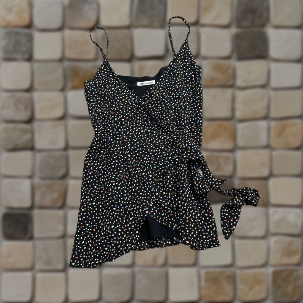 Reformation Dress Women Small Black Polka Dot Surplice Neck Wrap Troppo Confetti