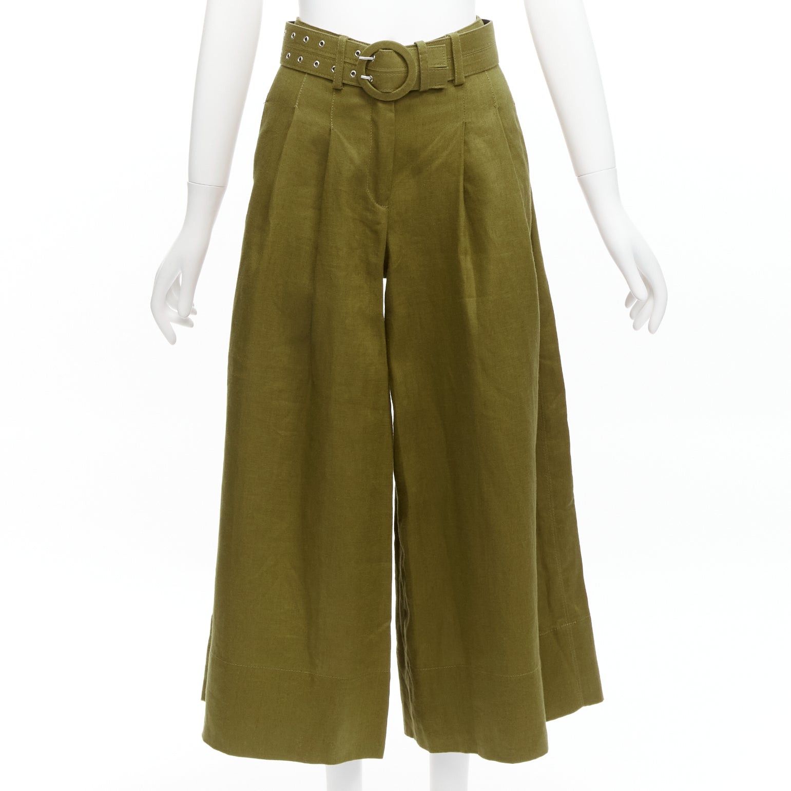NICHOLAS military green 100% linen high waisted belted wide leg pants US6 M