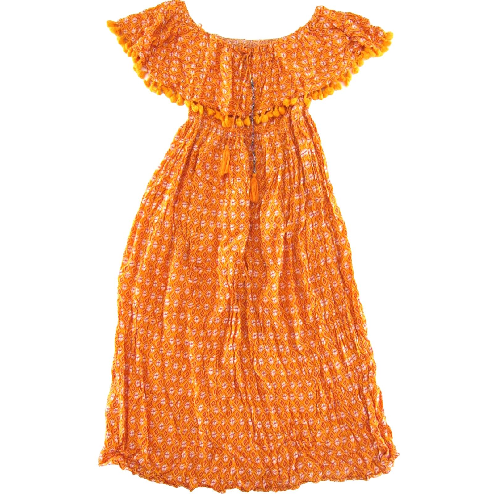 Vintage Dress Day Maxi Dress Off Shoulder Orange White Floral Rayon Long Large Dress Day Womens Maxi Dress L Orange Floral Pattern 70s? Size L / US 10 / IT 46 - 2 Thumbnail