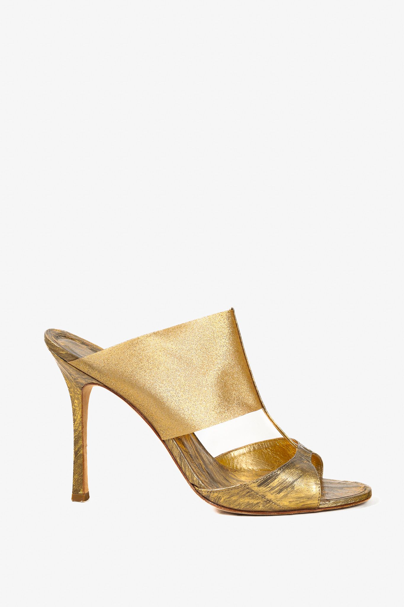 Manolo Blahnik Manolo Blahnik Rip Brushed Gold Slide On T-Vamp Heel Sandals Size US 8 / IT 38 - 1 Thumbnail