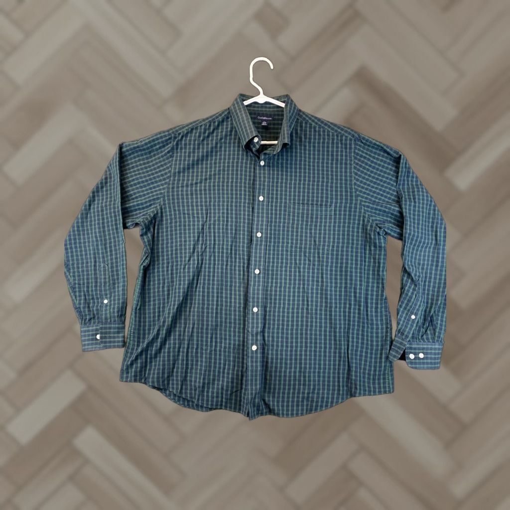 Croft & Barrow Vintage Croft & Barrow Men’s Dress Shirt Cotton Check Pattern Collared Button-Down Casual Business Green Blue 17.5 Regular Size 46R - 1 Thumbnail