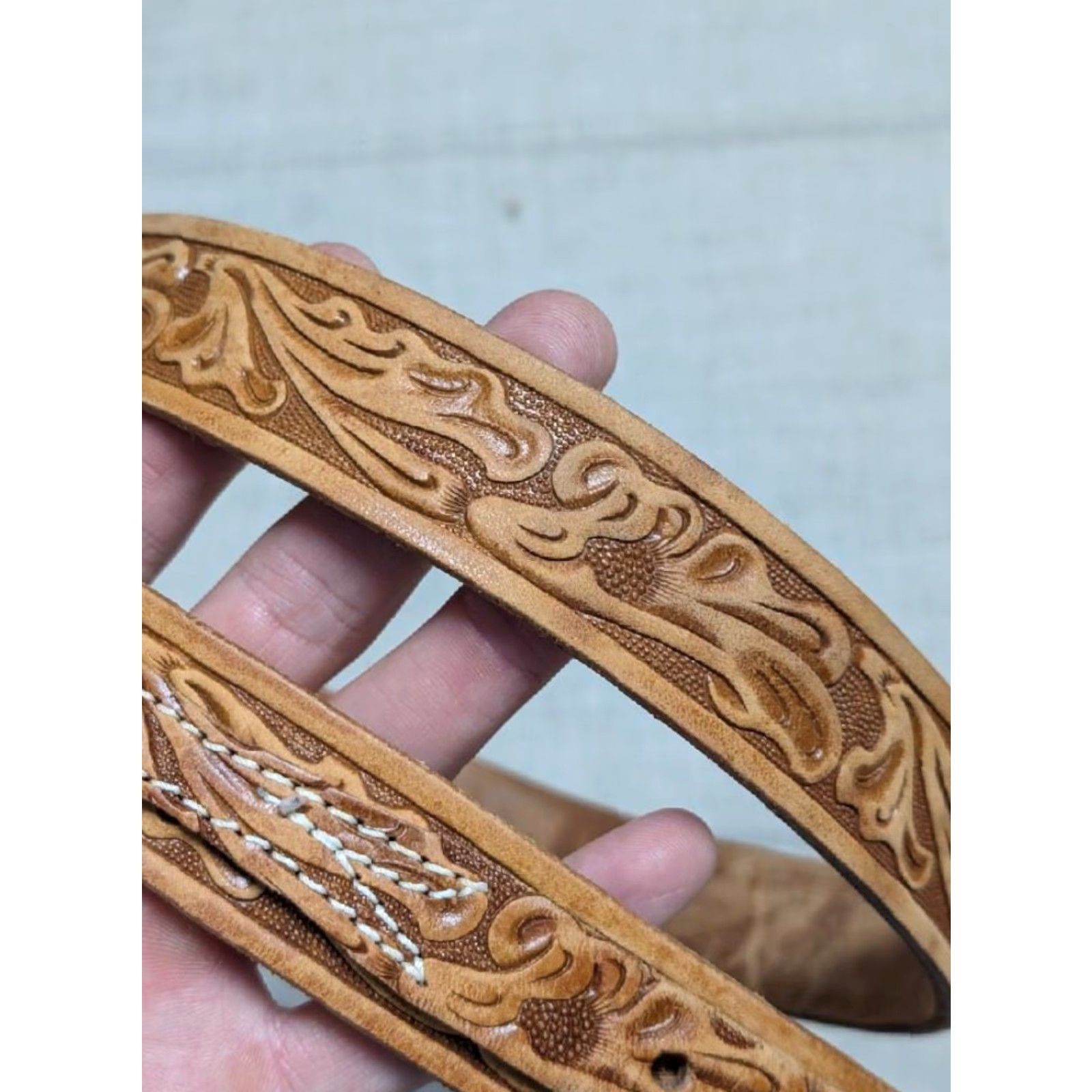 Vintage VINTAGE Looper ranger belt 34 brown floral western belt Cowhide leather Mens 34 Brown floral Ranger Western buckle snaps Size 34 - 6 Thumbnail