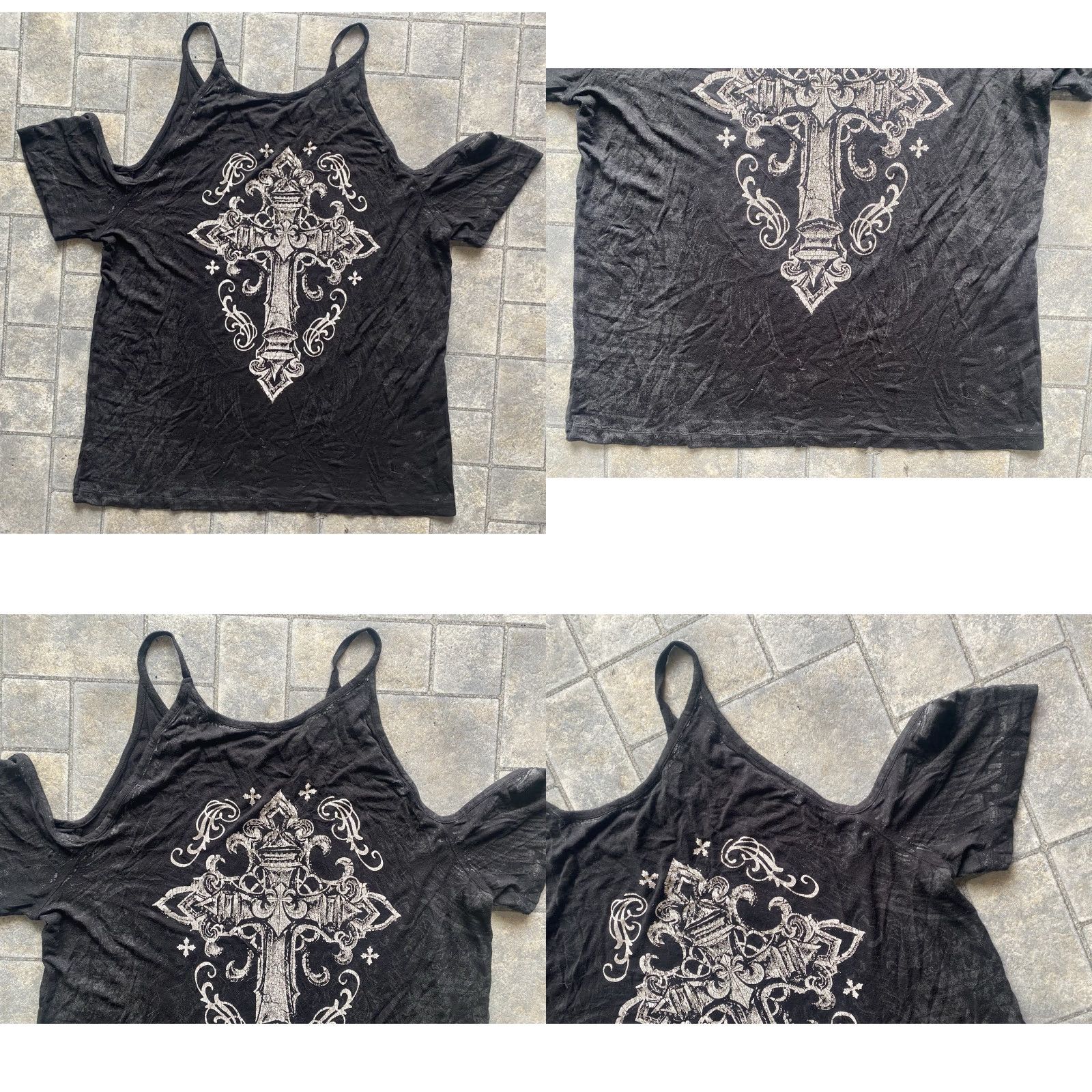 Affliction VINTAGE Affliction Live Fast WOMENS Blouse Off Shoulder Tank Shirt Black L Womens Dark Hearts Cross Rhinestone Contour Fleur-de-lis 90s / 2000s Size L / US 10 / IT 46 - 9 Thumbnail