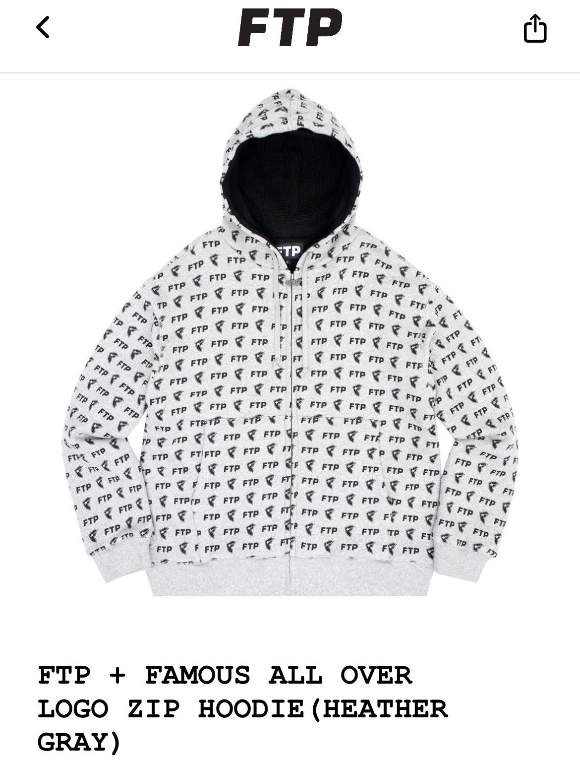 FTP x Famous All Over Logo Zip Hoodie Black Size Large