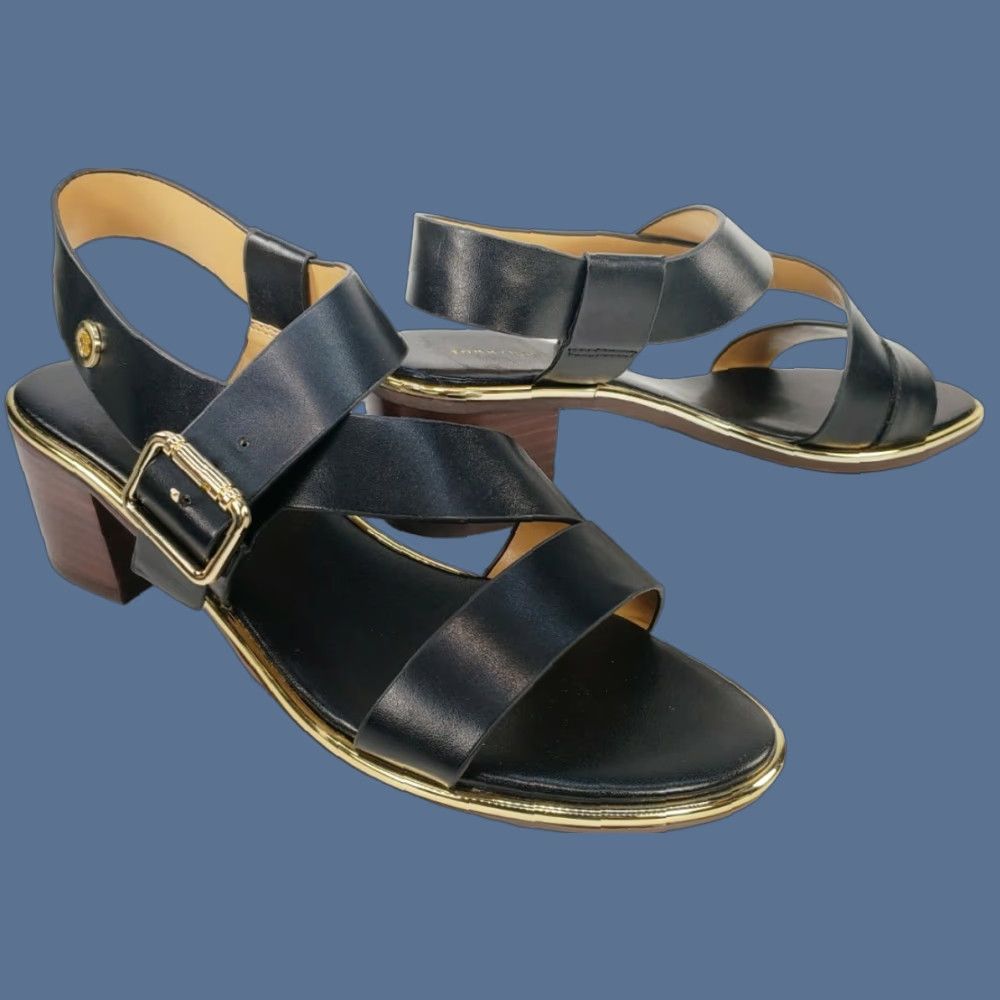 Tommy Hilfiger Tommy Hilfiger Konas Sandal Women's Size 9M Leather Strappy Black Heeled Buckle T-Strap Leather Sandal Size US 9 / IT 39 - 1 Thumbnail