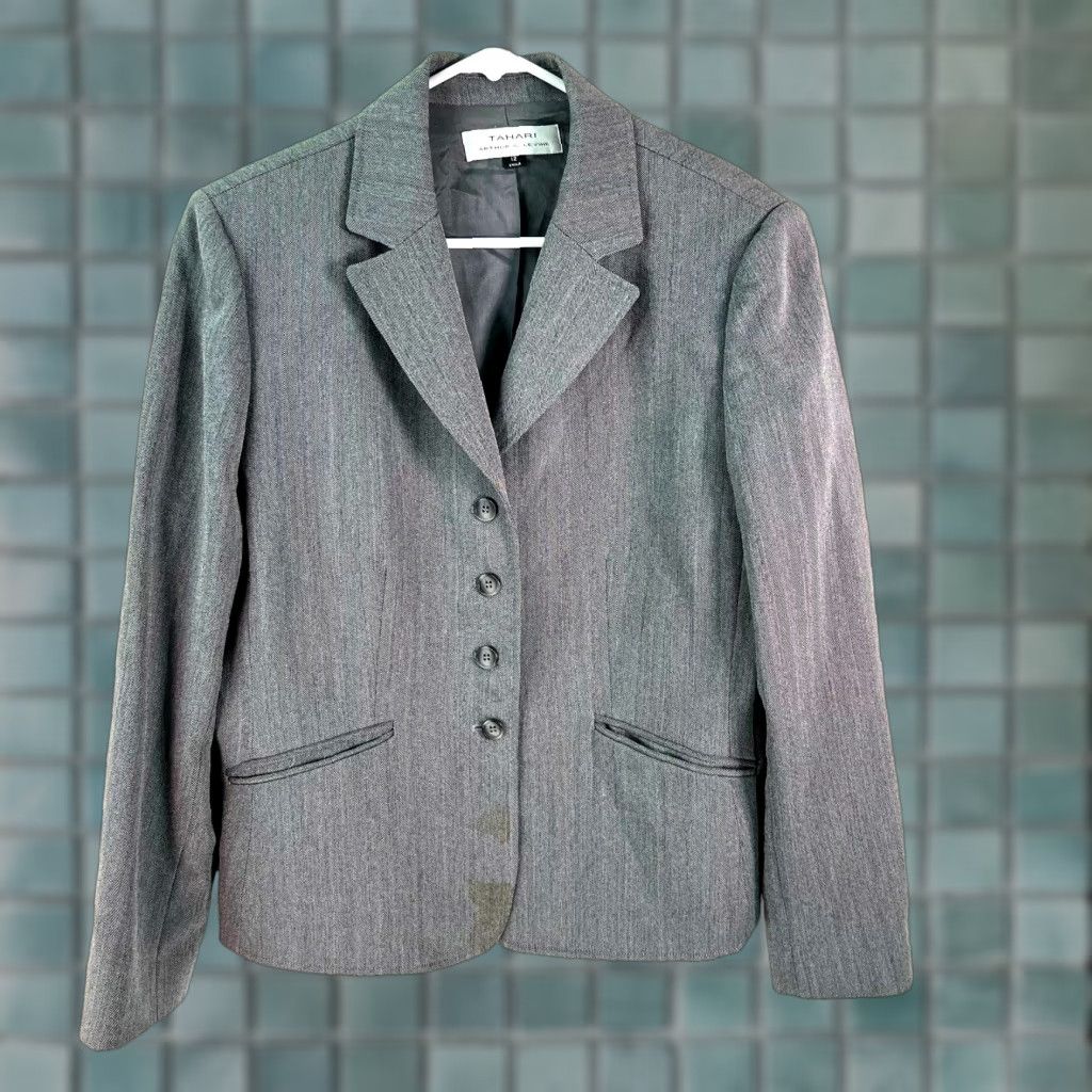 Vintage Tahari Women's Blazer Jacket Gray Herringbone Notch Lapel 4-Button 12 Formal Business Size XL / US 12-14 / IT 48-50 - 1 Thumbnail