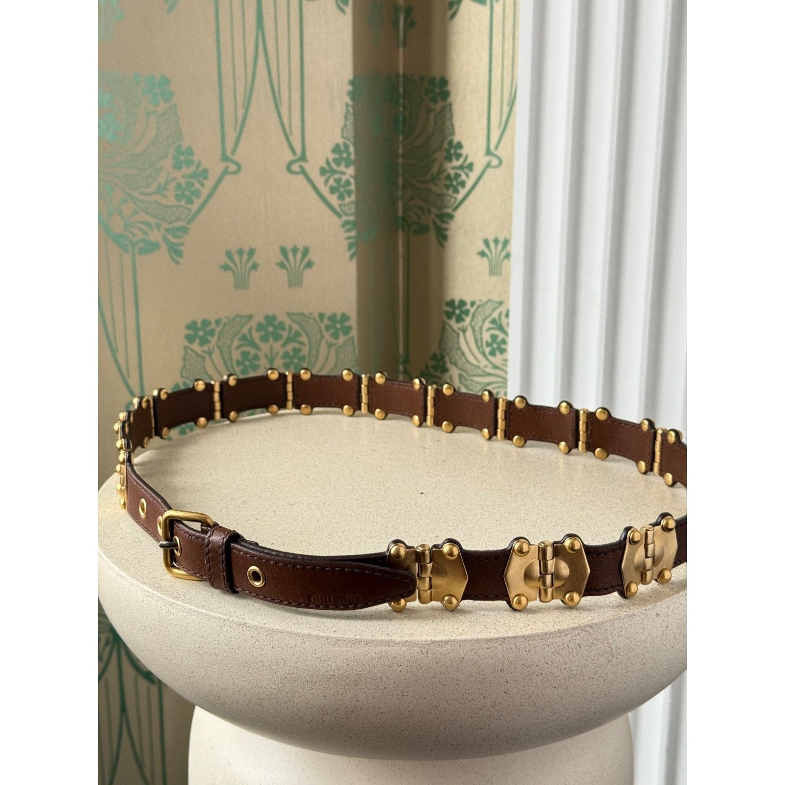 Miu Miu Miu Miu Leather Studded Grommet Buckle Brown Gold Belt 90/36 Size ONE SIZE - 6 Thumbnail