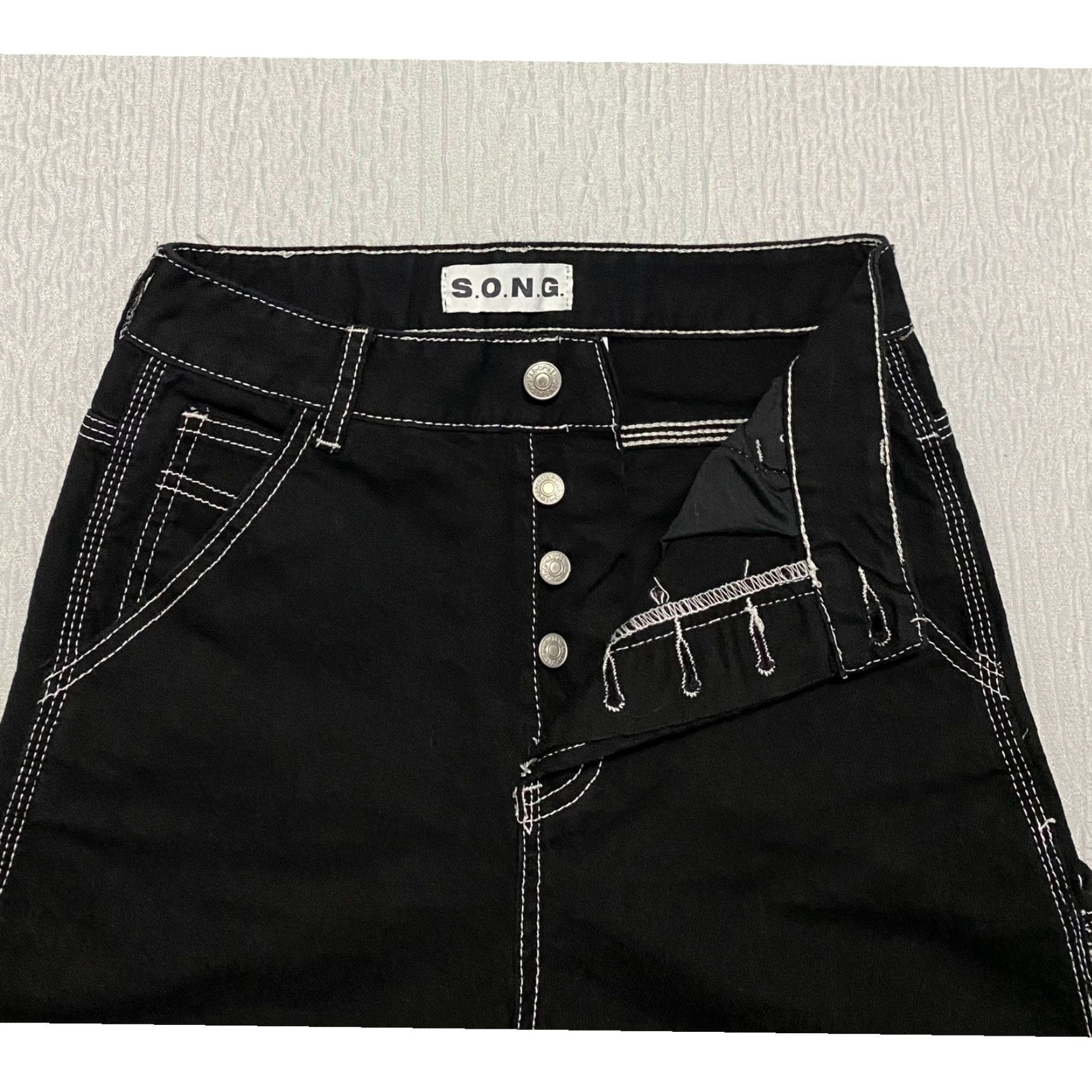 Vintage SONG Black Wide Leg Carpenter Jeans Contrast Stitching 100% Cotton 25 in Inseam Button Fly Women Clothes Size 25" / US 0 / IT 36 - 3 Thumbnail