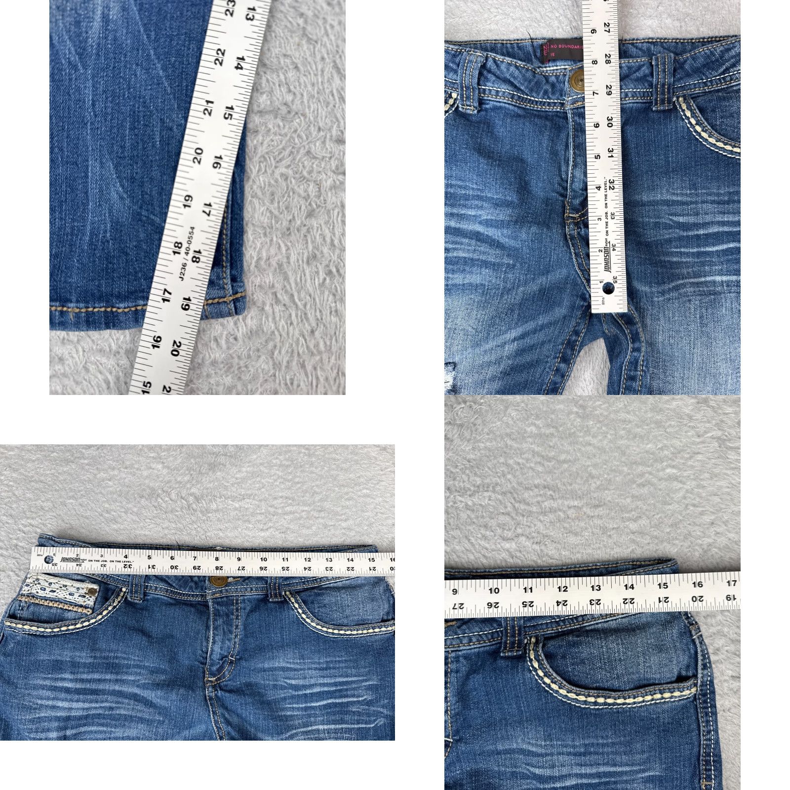 Vintage No Boundaries Jeans Capri Juniors 15 Blue Denim Low Rise 20in Inseam 30x20 Embroidered Distressed 5-Pocket Denim Cotton Blend Womens Jeans Size 36" / US 14 / IT 50 - 8 Thumbnail