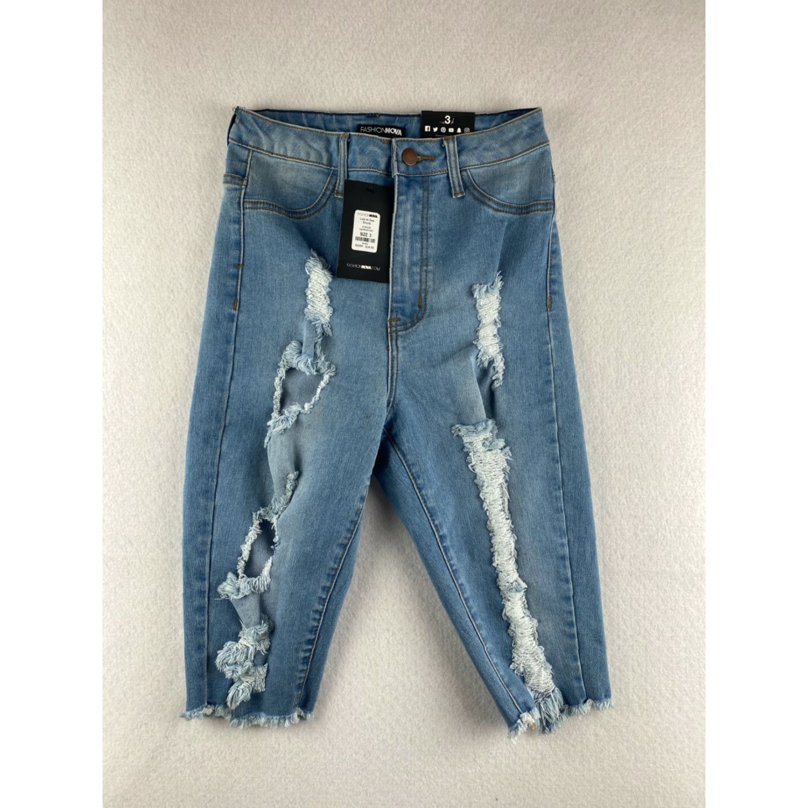 Fashion Nova Fashion Nova Jeans Womens 3 Blue High-Rise Stretch Capris Denim Distressed NWT Size 26" / US 2 / IT 38 - 2 Thumbnail