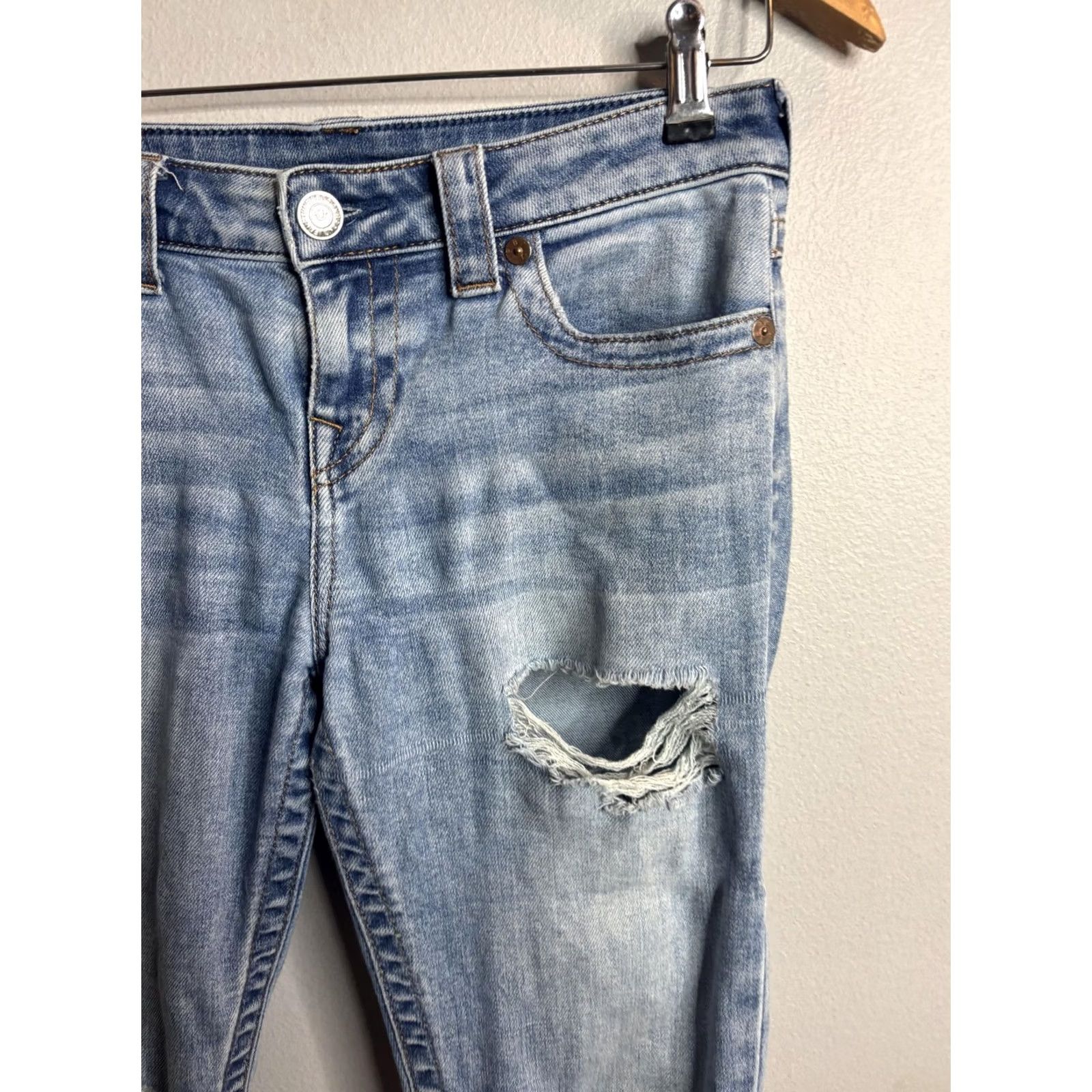 True Religion True Religion Jeans Womens 29 Blue Light Wash Distressed Skinny Denim Low Rise Slim Pockets Logo Buddha Vintage? No, not vintage. Size 29" - 3 Thumbnail