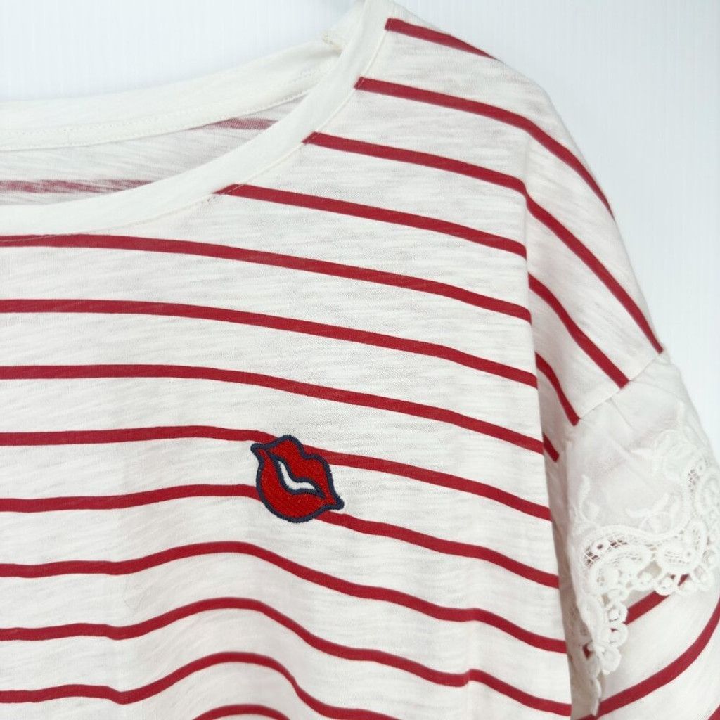 Other OUI Striped Cotton Red White T-Shirt Lace Boat Round Size 8 Size M / US 6-8 / IT 42-44 - 8 Thumbnail