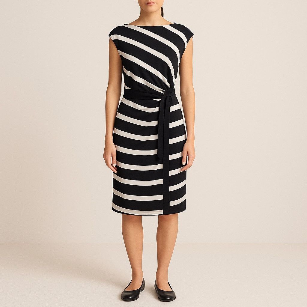 Ann Taylor Ann Taylor Black White Striped Belted Sheath Dress M Work Size M / US 6-8 / IT 42-44 - 1 Thumbnail