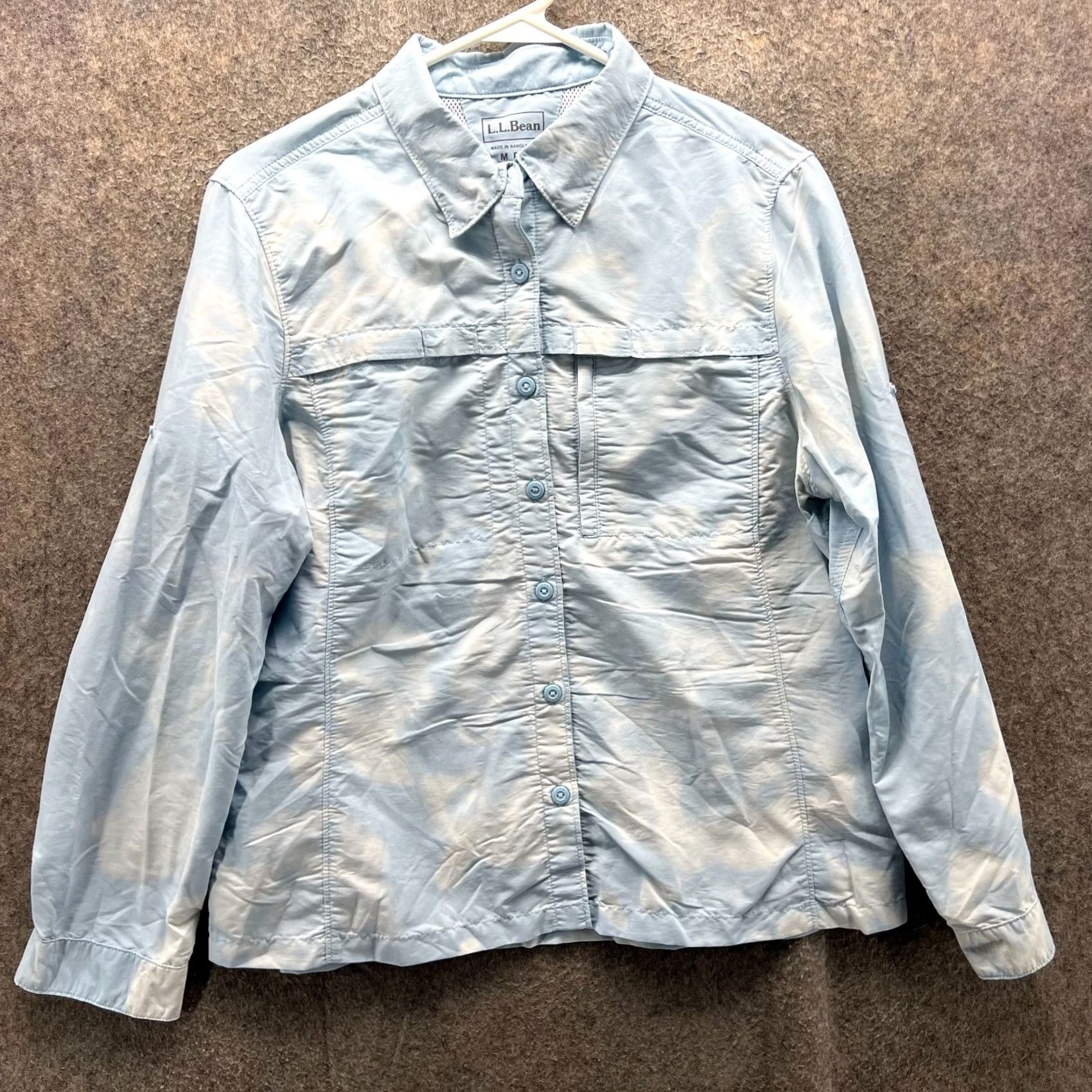 Vintage L.L. Bean Shirt Womens PM Petite Medium Blue Nylon Vented Outdoors Fishing Geometric Pockets Button Collar Long Sleeve Size M / US 6-8 / IT 42-44 - 2 Thumbnail