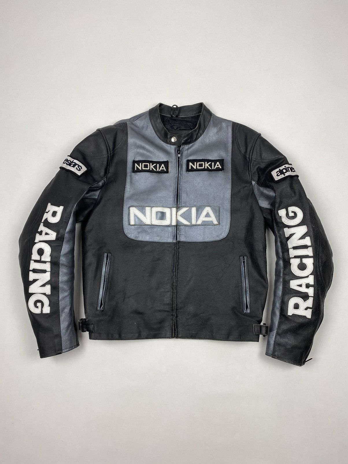 image of 1990’S Vintage Nokia Moto Racing Leather Jacket in Black/Gray, Men's (Size Medium)