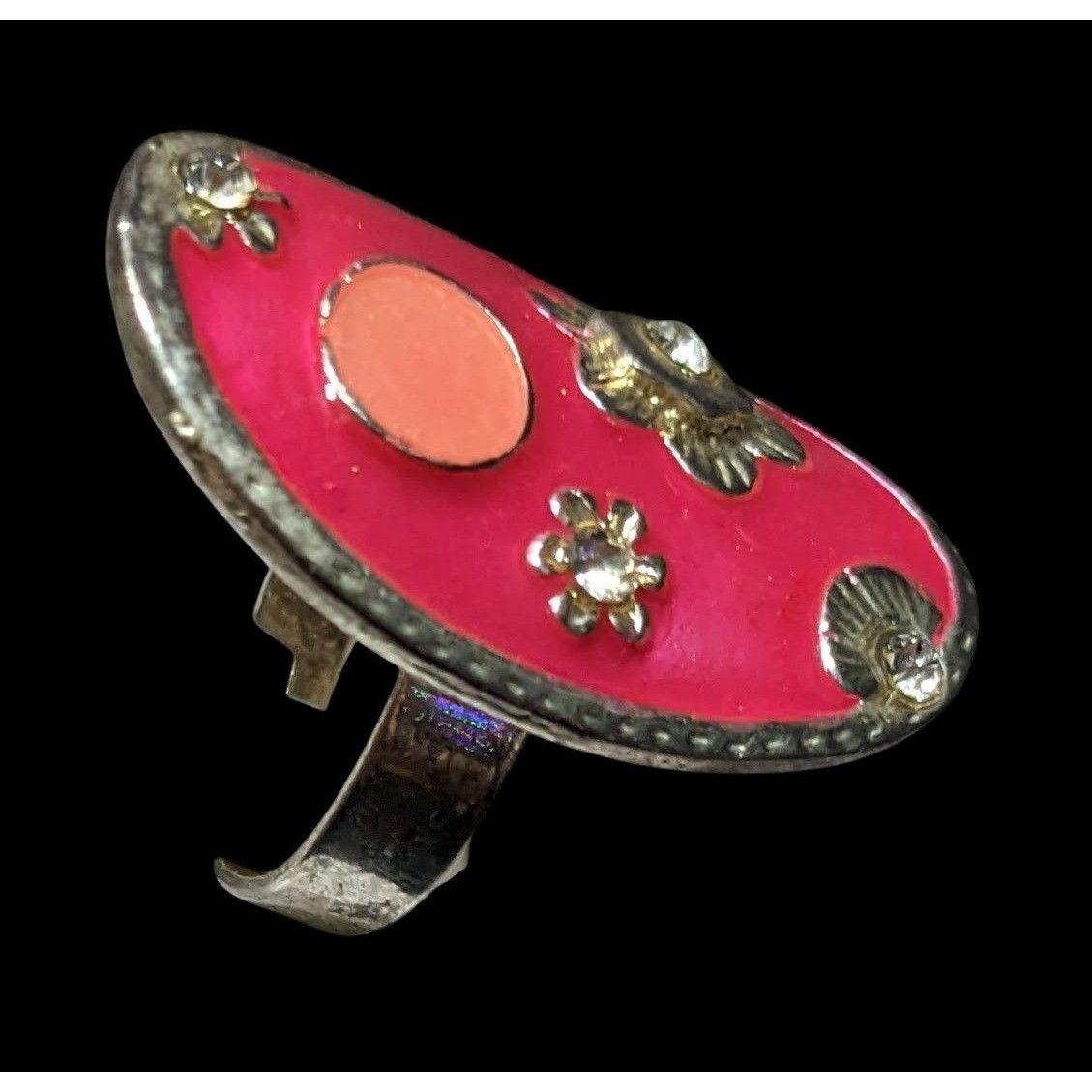 Other Retro Floral Pink Enamel And Silver Tone Oval Ring Size ONE SIZE - 2 Thumbnail