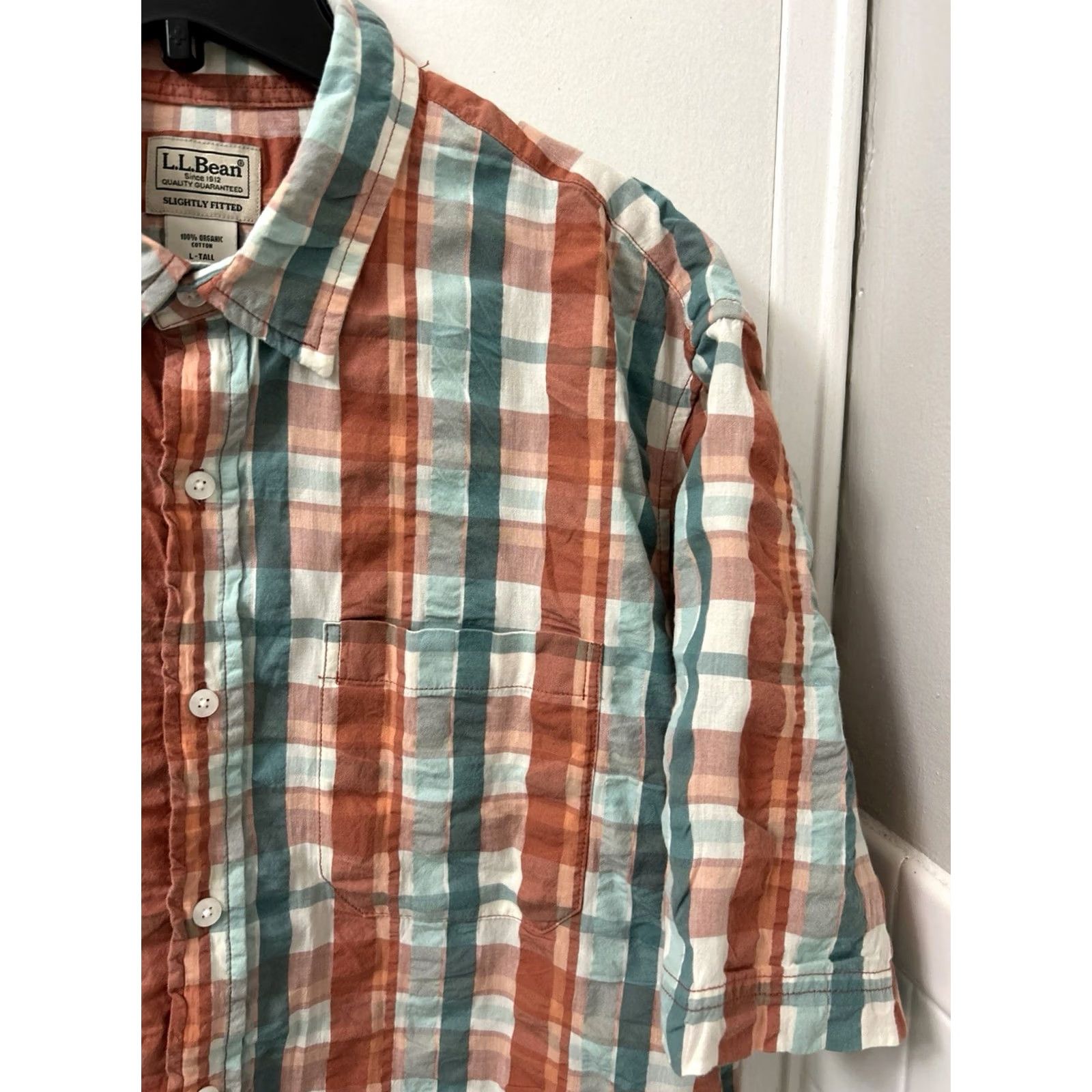 Vintage LL Bean Organic Cotton Shirt Mens Large Orange Plaid Button-Down S/S 510607 Size US L / EU 52-54 / 3 - 4 Thumbnail