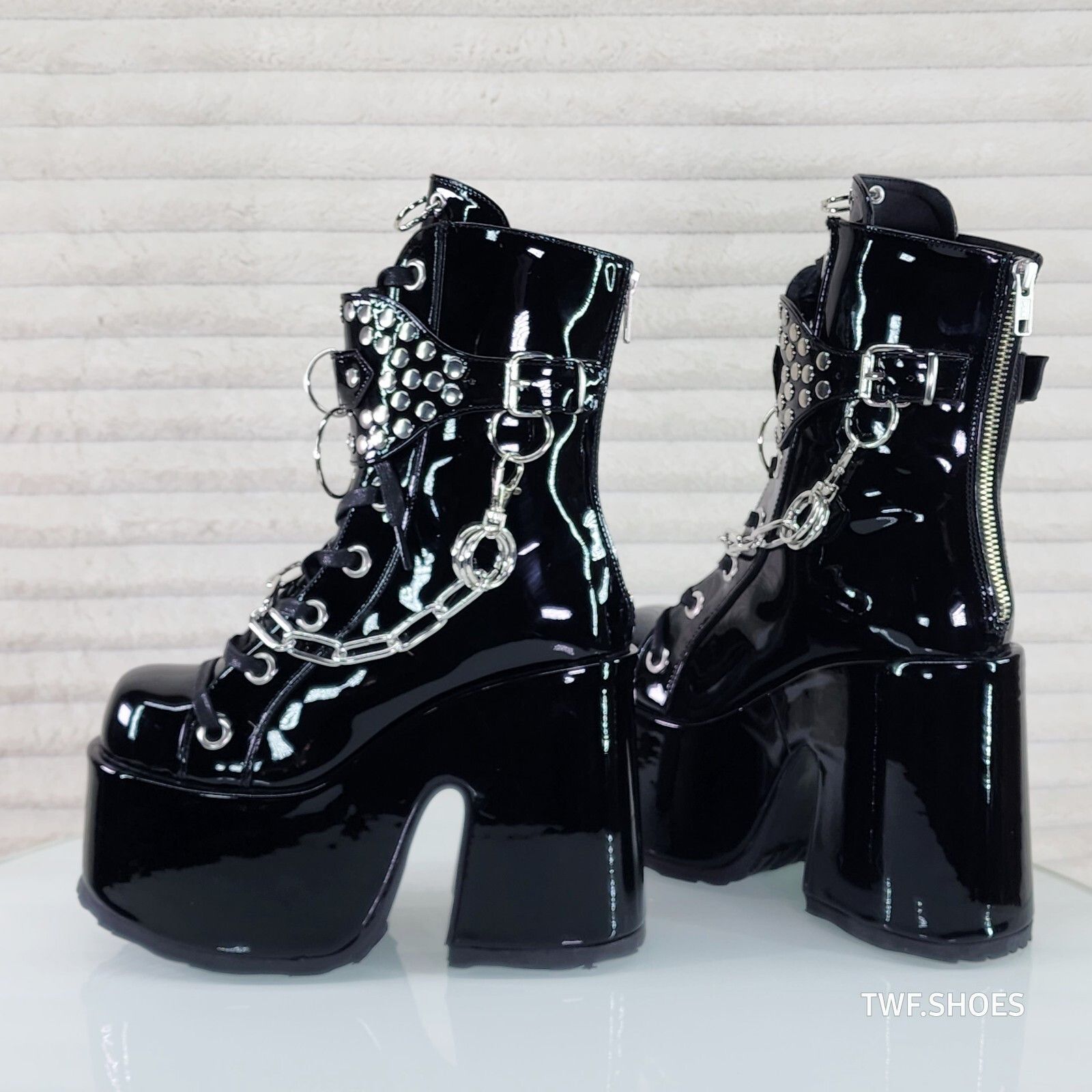 Demonia Cult DEMONIA Camel 65 Stacked Black Patent Platform Goth Punk Cal Size US 12 / IT 42 - 1 Thumbnail