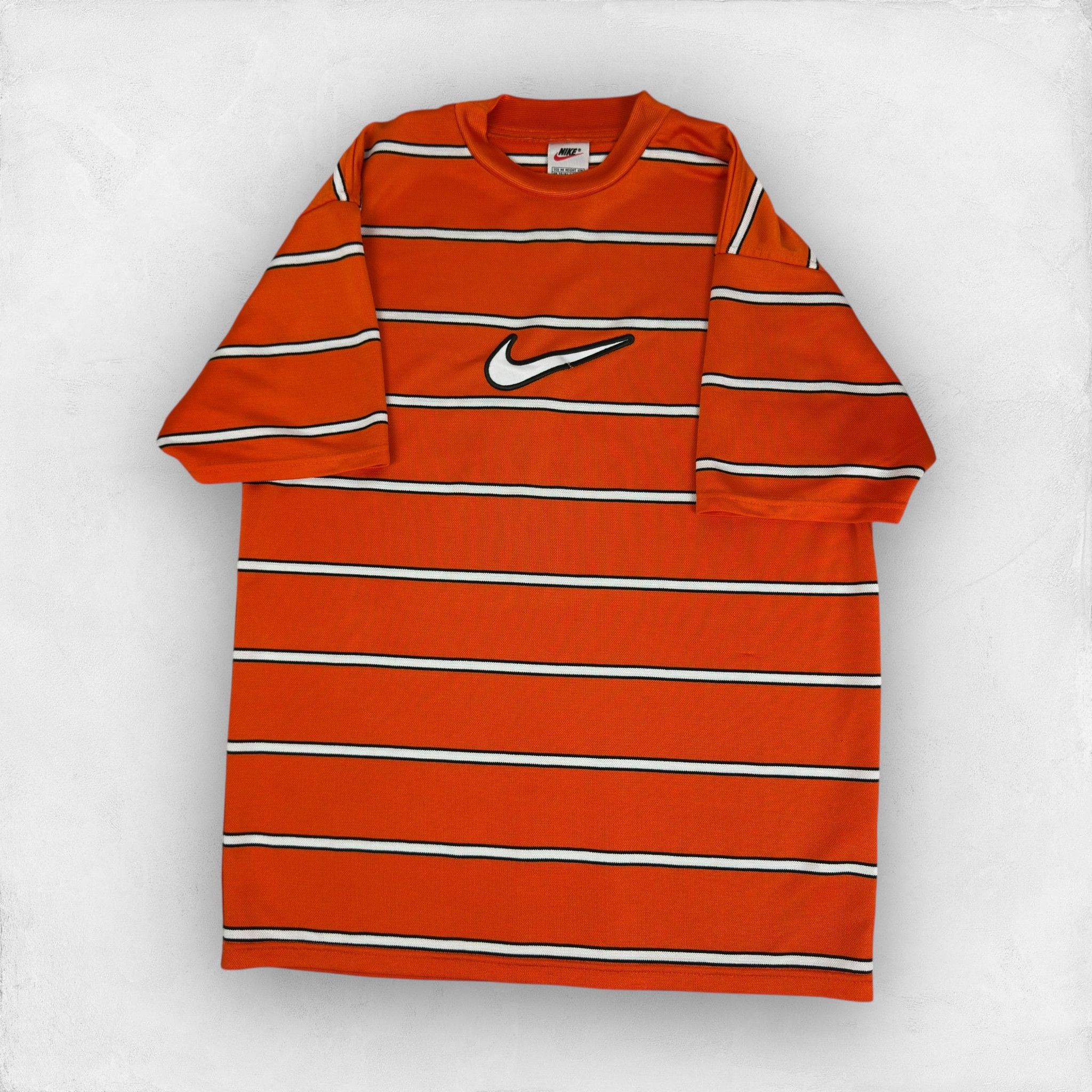 Nike Men's Orange White Striped Swoosh Pullover T-Shirt M
