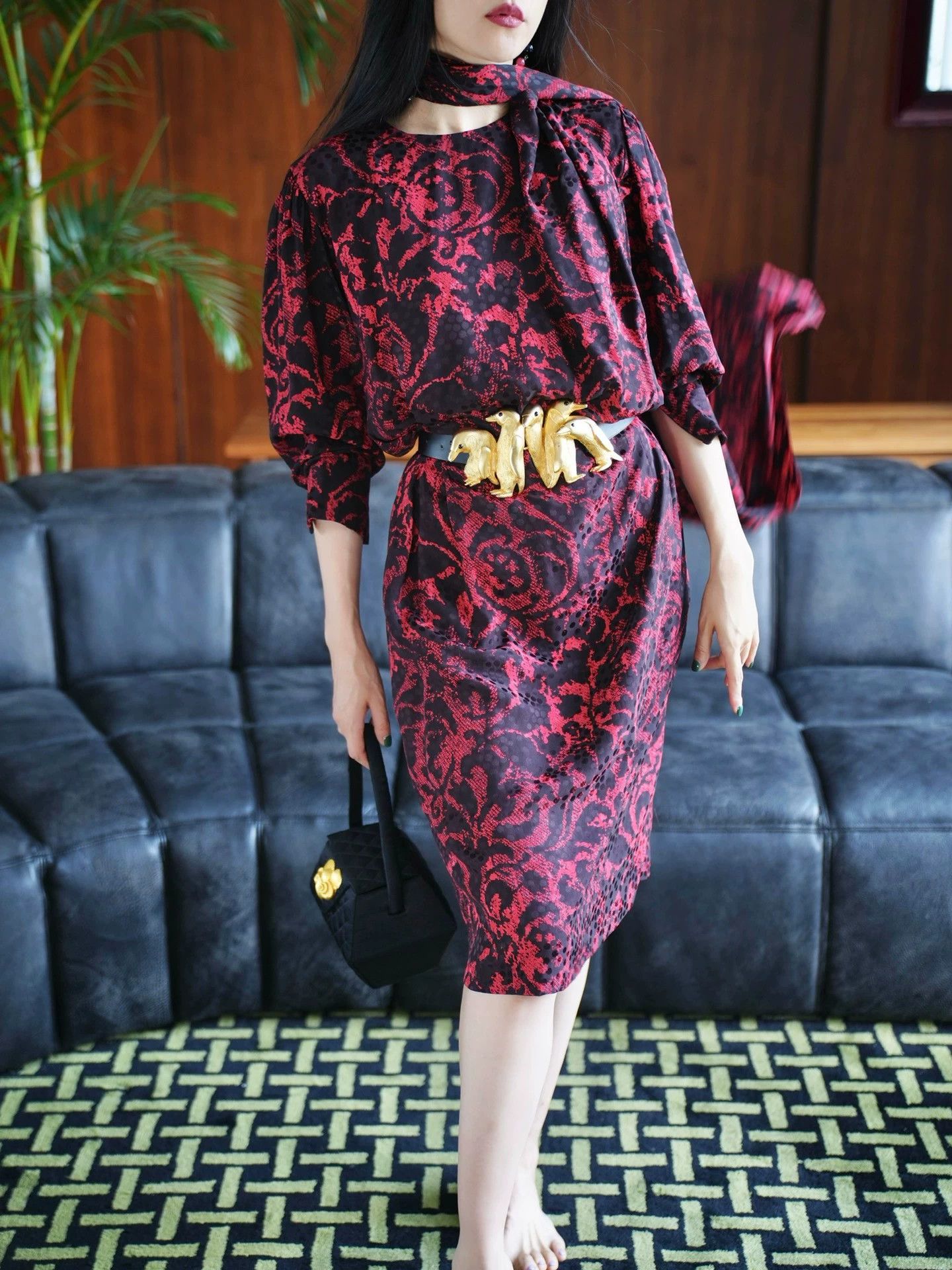 Oscar De La Renta Oscar de la Renta Vintage Red Black Floral Dress M Size M / US 6-8 / IT 42-44 - 9 Thumbnail