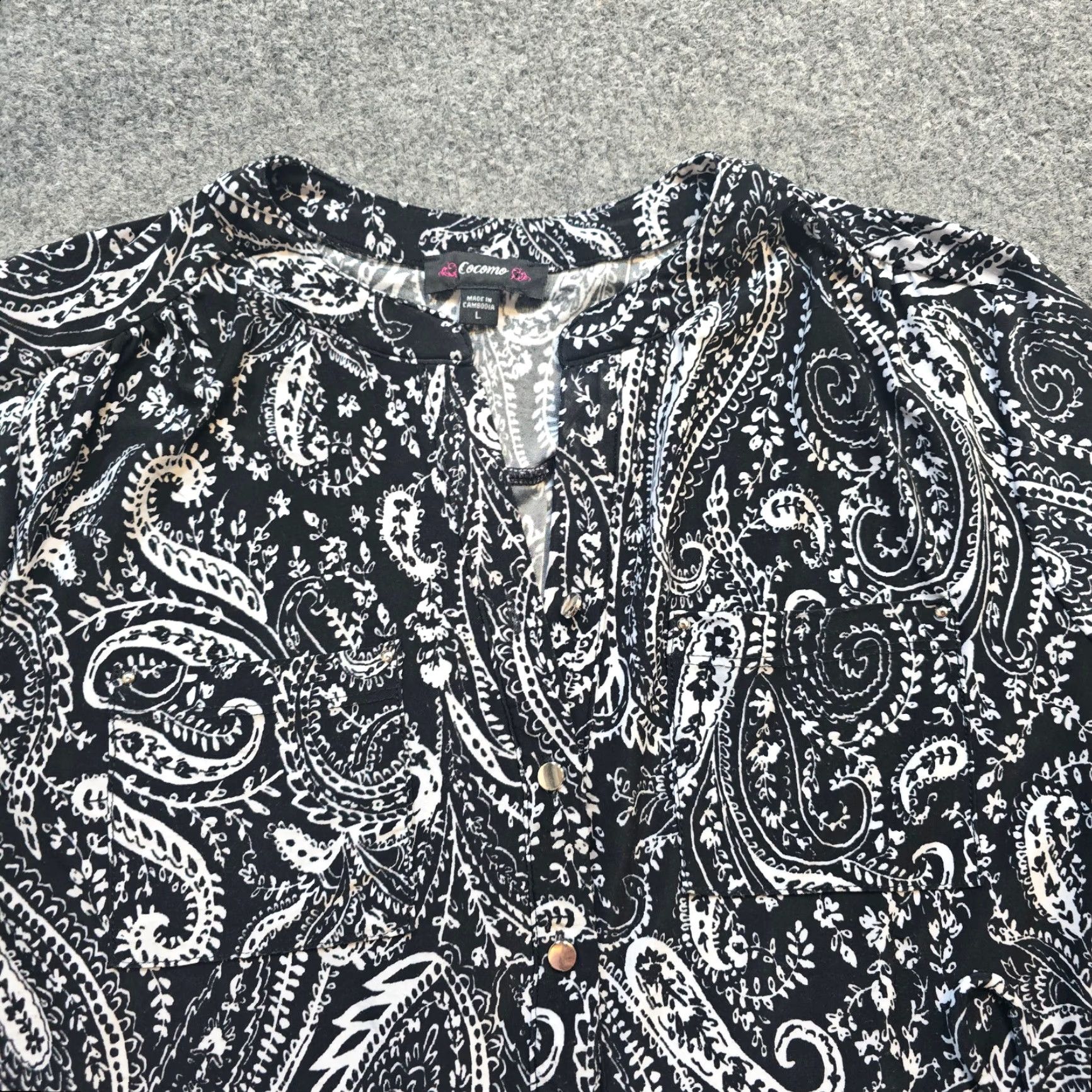 Vintage Cocomo Womens Blouse Shirt Black Paisley 3/4 Sleeve V-Neck Stretchy Polyester Spandex Size L / US 10 / IT 46 - 2 Thumbnail