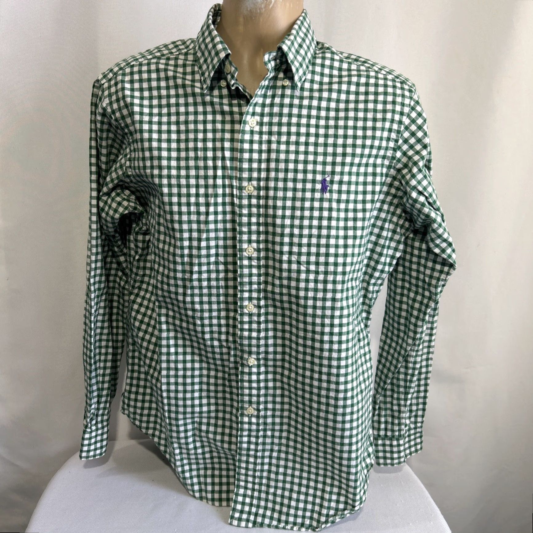 Polo Ralph Lauren Ralph Lauren Mens Dress Shirt Green Gingham Classic Fit Purple Pony Button-Down Long Sleeve Casual Button-Up Shirt M Size 40R - 2 Thumbnail